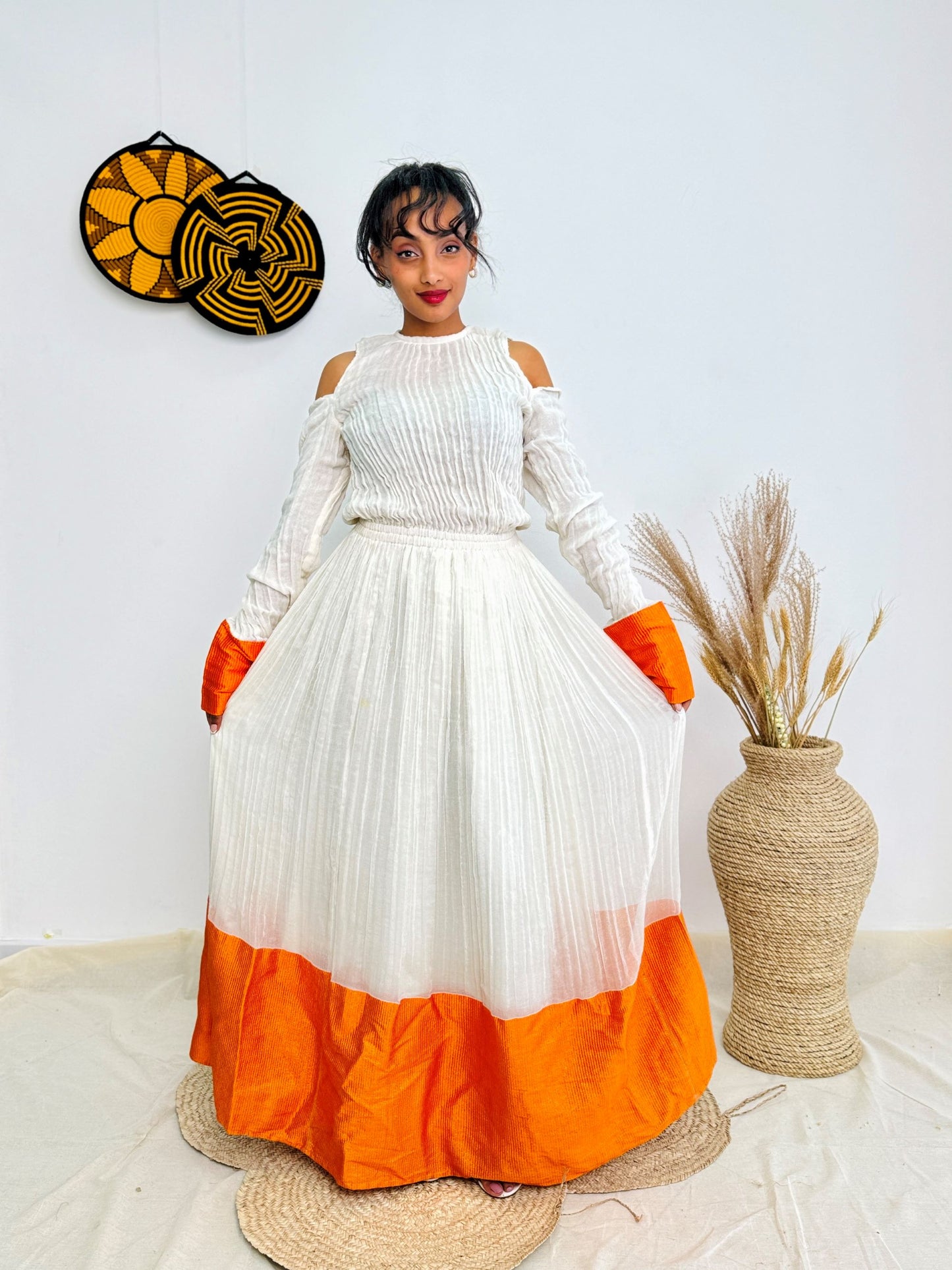 Ethiopian Handwoven Dress | White & Orange Modern Habesha Kemis | Cold-Shoulder Elegance Hab149