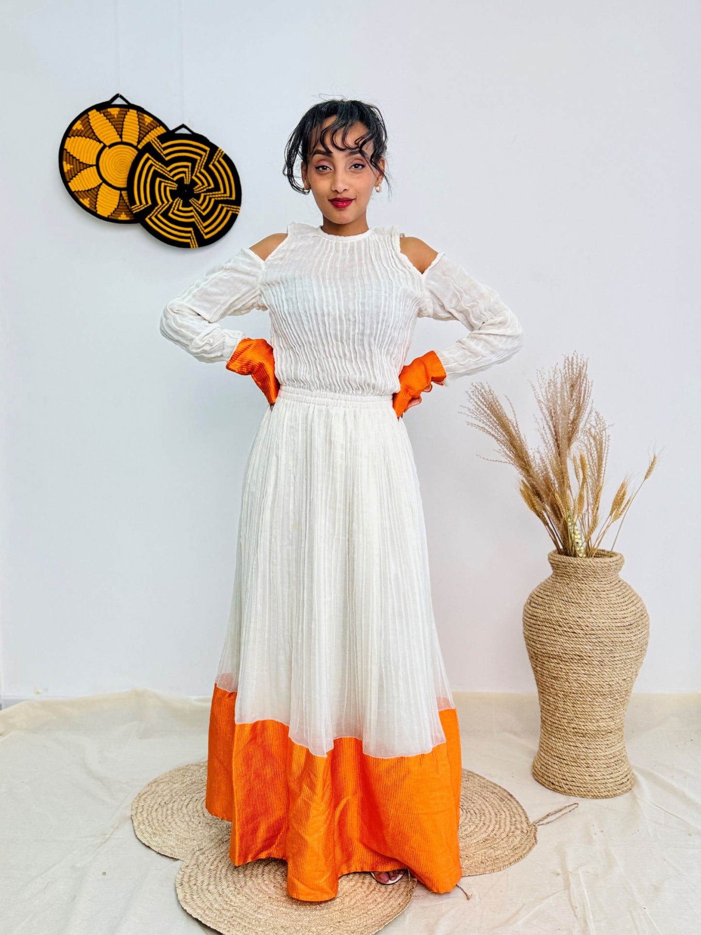 Ethiopian Handwoven Dress | White & Orange Modern Habesha Kemis | Cold-Shoulder Elegance Hab149