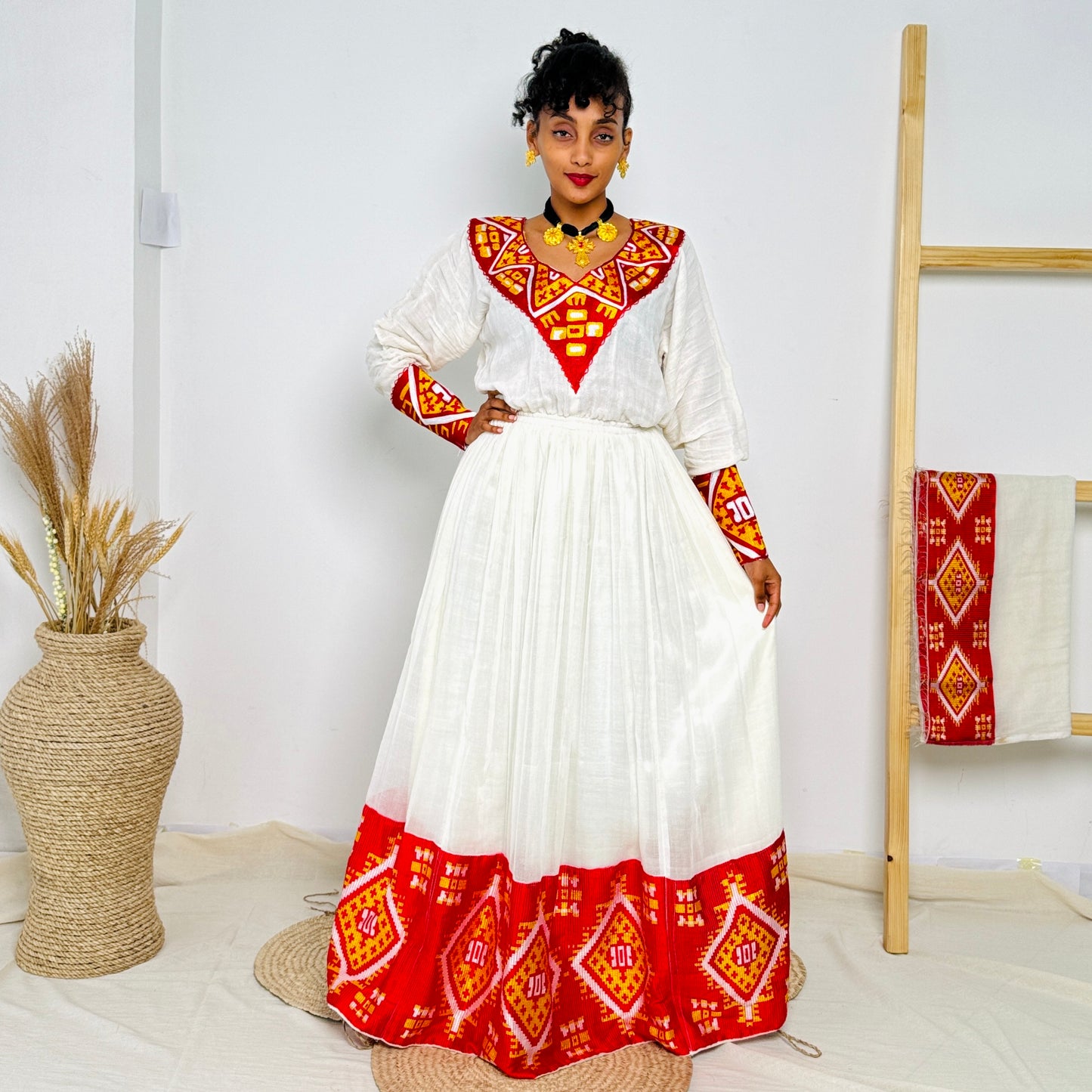 Habesha Dress | Vibrant Red Embroidery | Traditional Ethiopian Dress | Handwoven Cotton Hab65