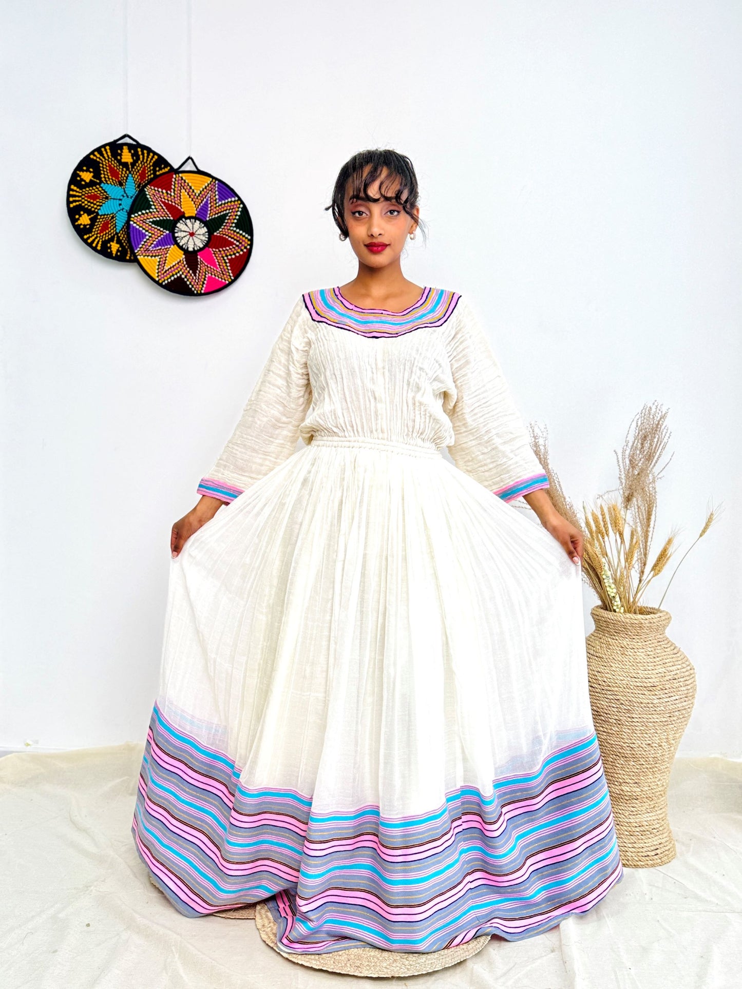 Vibrant Striped Tibeb | Elegant Ethiopian Handwoven Dress | Modern Habesha Kemis | Timeless & Chic Hab142