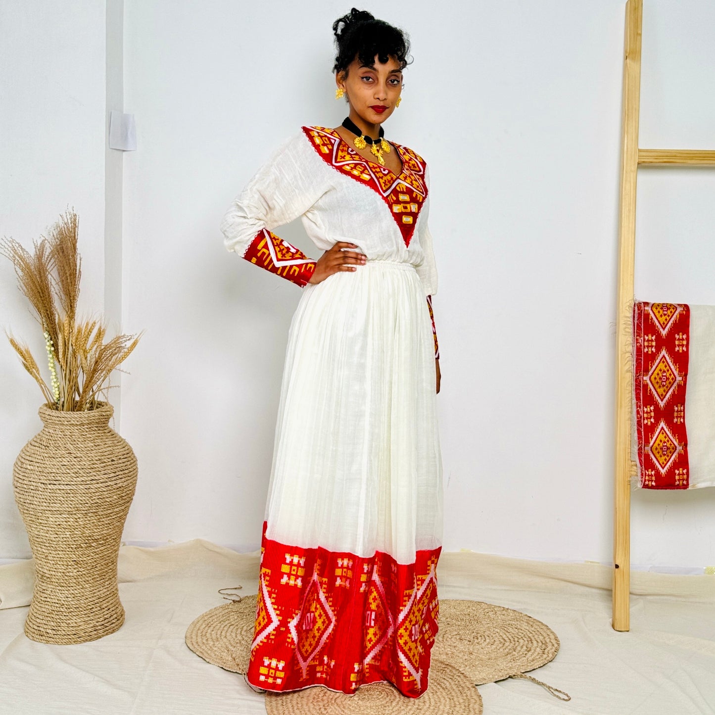 Habesha Dress | Vibrant Red Embroidery | Traditional Ethiopian Dress | Handwoven Cotton Hab65