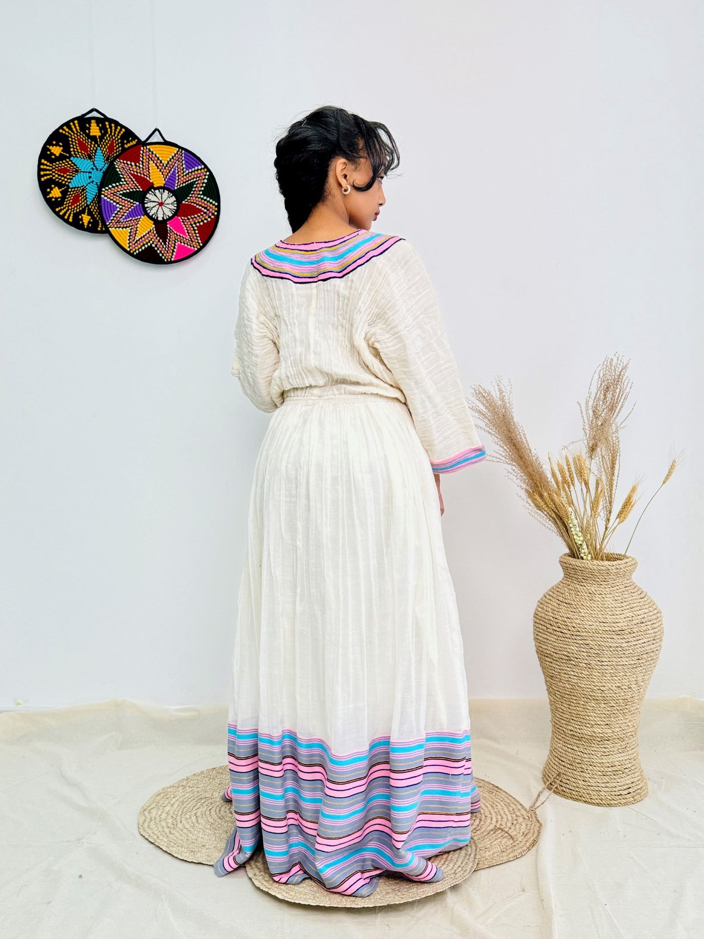 Vibrant Striped Tibeb | Elegant Ethiopian Handwoven Dress | Modern Habesha Kemis | Timeless & Chic Hab142