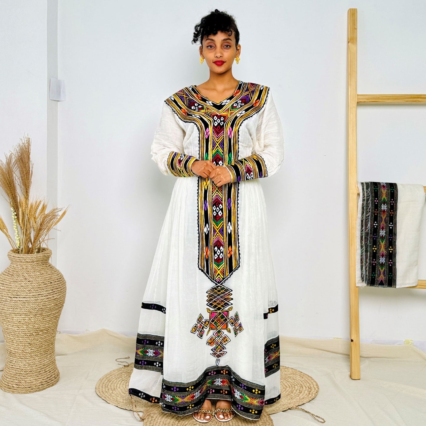 Elegant Traditional Ethiopian Dress with Colorful Handwoven Tibeb | Habesha Kemis for Women | Cultural Occasion Wear Hab223