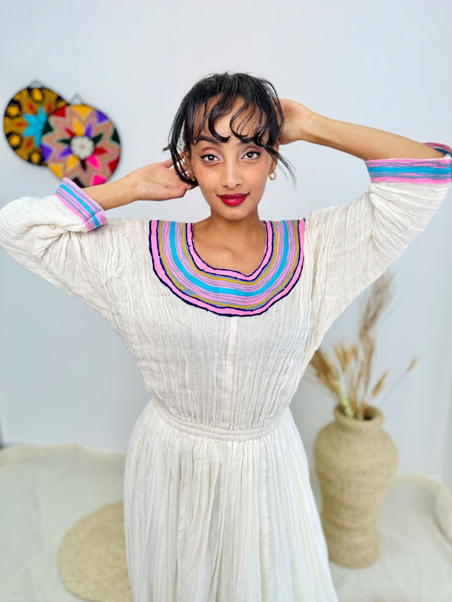 Vibrant Striped Tibeb | Elegant Ethiopian Handwoven Dress | Modern Habesha Kemis | Timeless & Chic Hab142