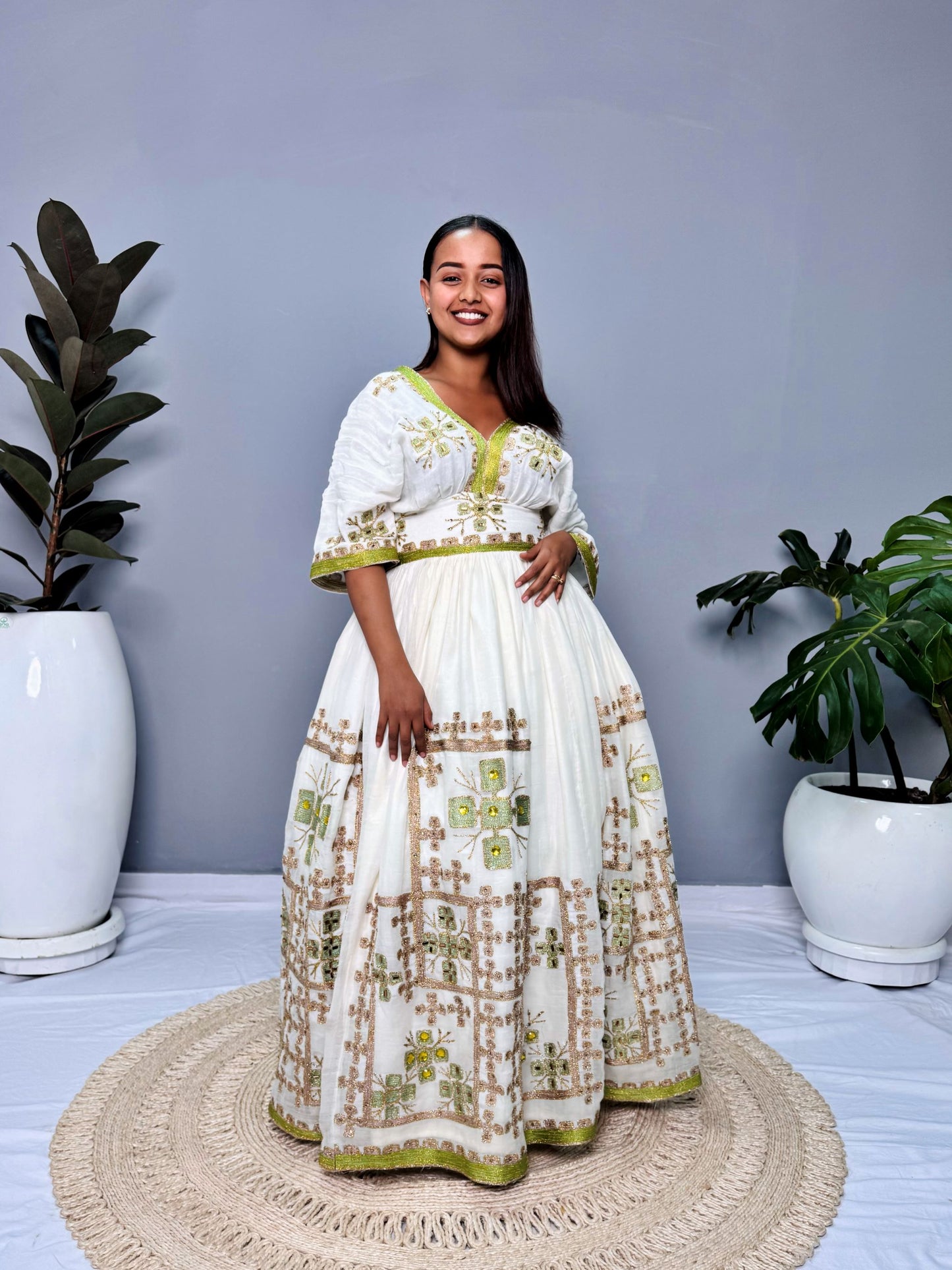 Ethiopian Dress | Lemon Green with Gold Sparkles | Weddings & Special Occasions | Handwoven Ethiopian Craftsmanship | Habesha Dress Hab124