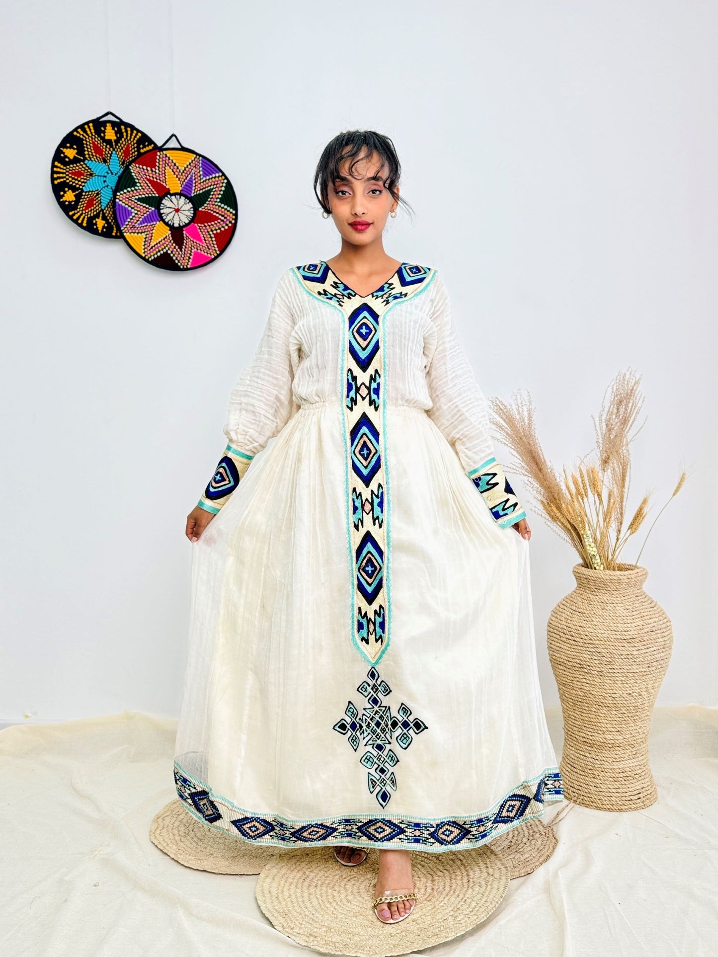 Handwoven Ethiopian Habesha Kemis | White Cotton Dress with Blue Geometric Tibeb Hab232