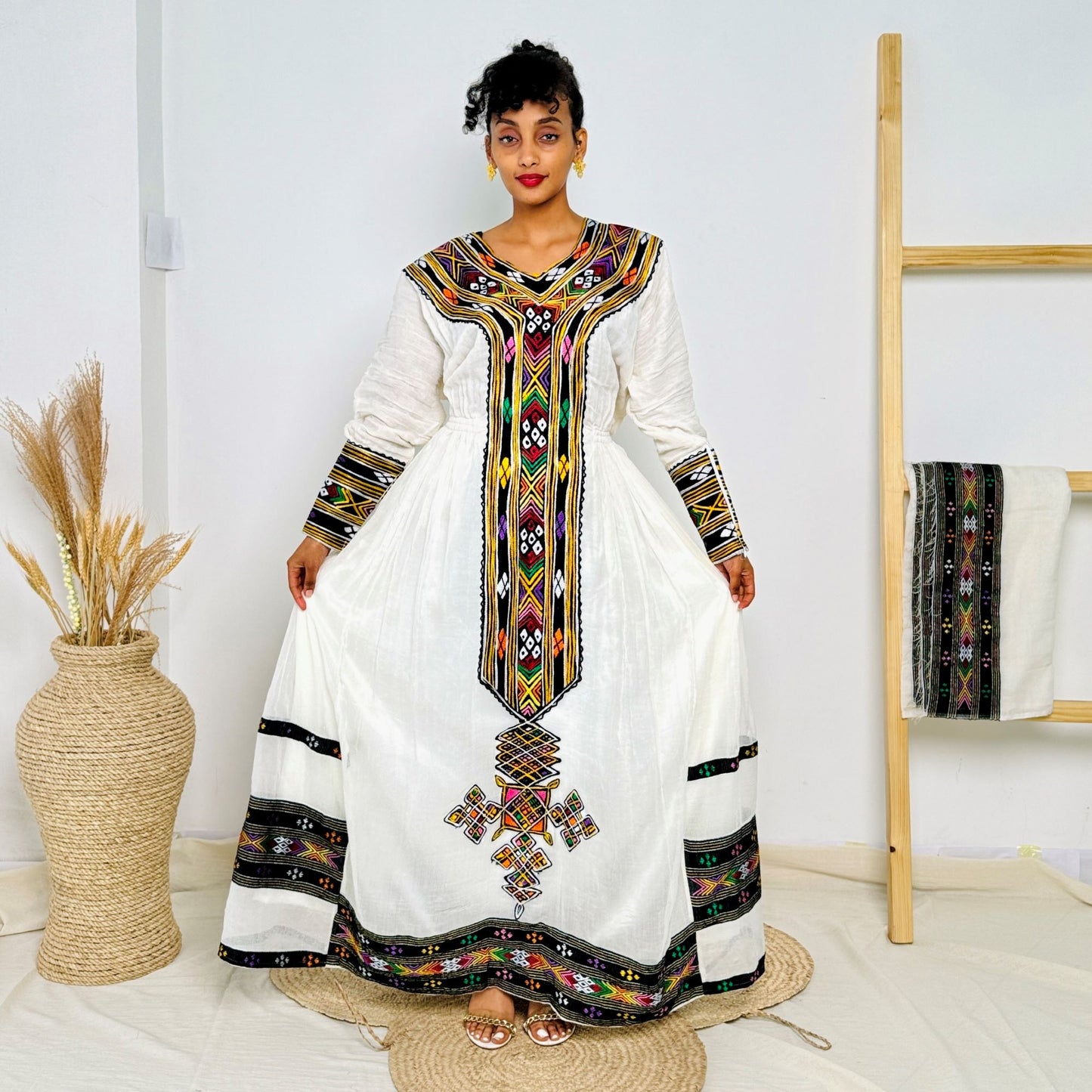 Elegant Traditional Ethiopian Dress with Colorful Handwoven Tibeb | Habesha Kemis for Women | Cultural Occasion Wear Hab223