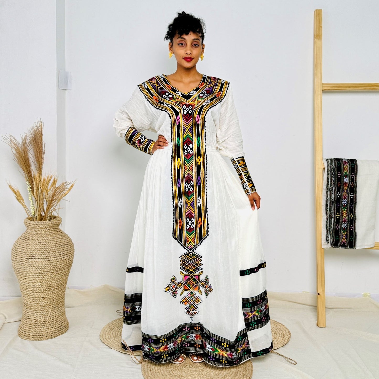 Elegant Traditional Ethiopian Dress with Colorful Handwoven Tibeb | Habesha Kemis for Women | Cultural Occasion Wear Hab223
