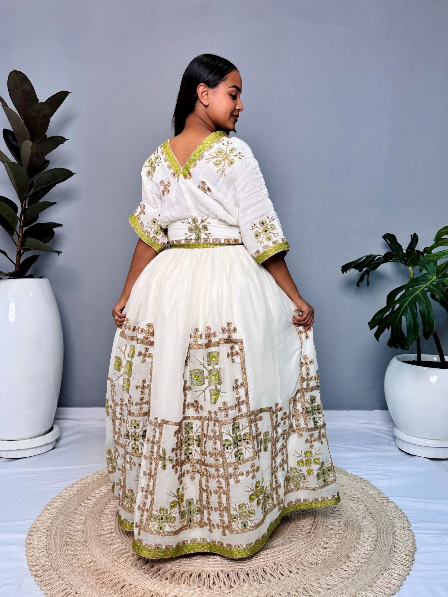 Ethiopian Dress | Lemon Green with Gold Sparkles | Weddings & Special Occasions | Handwoven Ethiopian Craftsmanship | Habesha Dress Hab124
