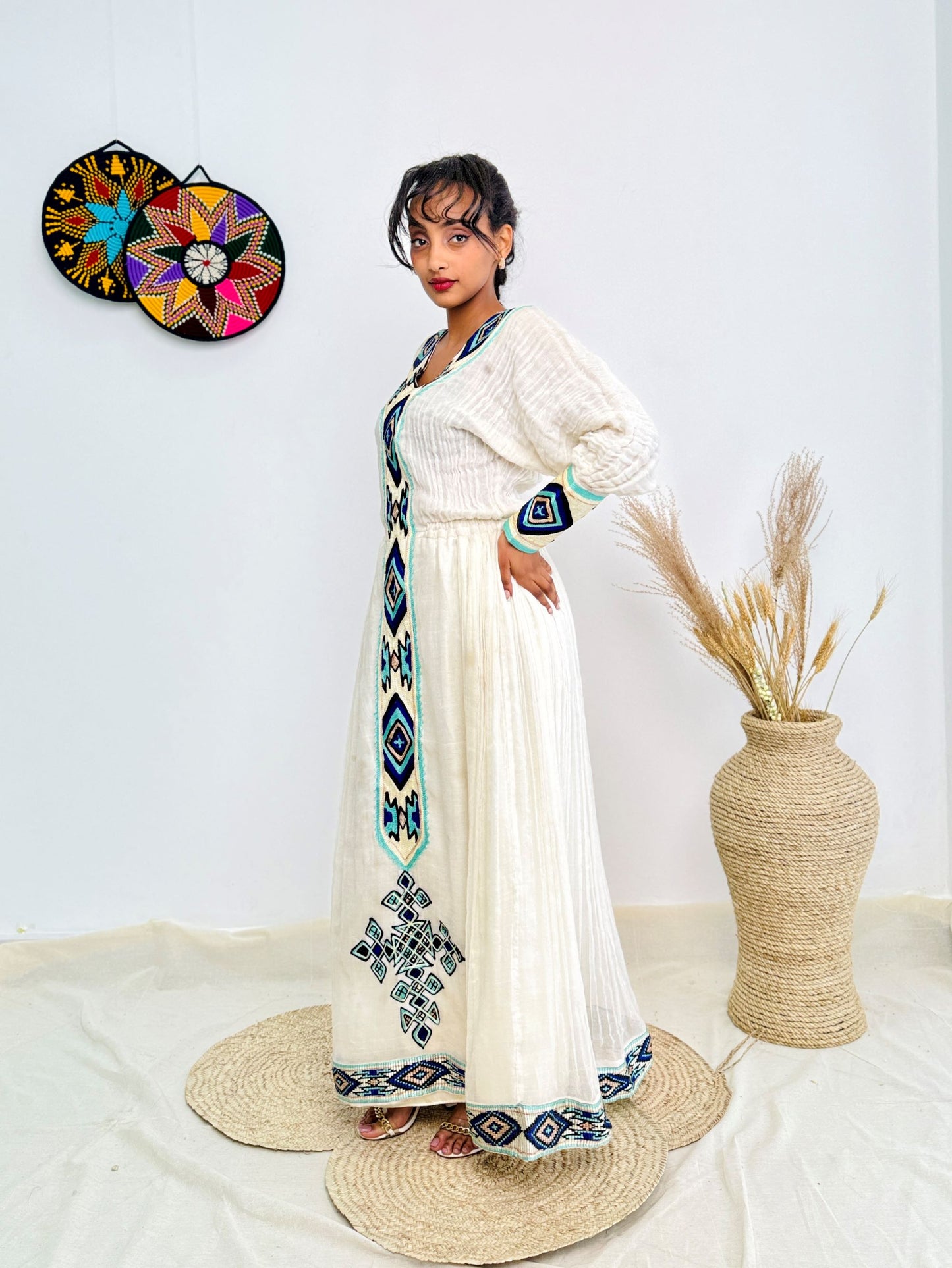 Handwoven Ethiopian Habesha Kemis | White Cotton Dress with Blue Geometric Tibeb Hab232