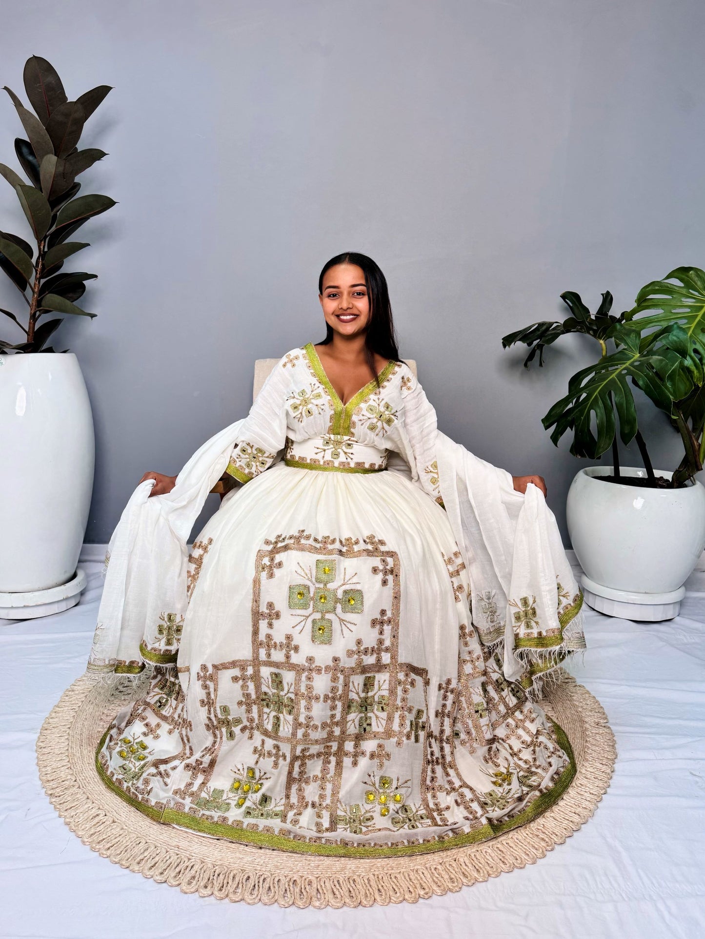 Ethiopian Dress | Lemon Green with Gold Sparkles | Weddings & Special Occasions | Handwoven Ethiopian Craftsmanship | Habesha Dress Hab124