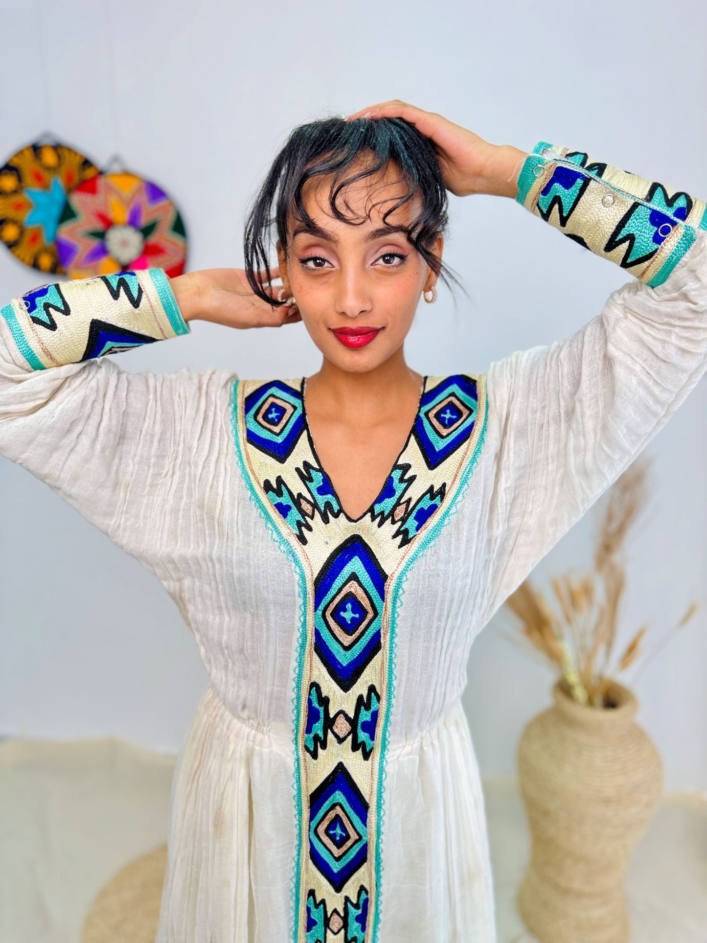 Handwoven Ethiopian Habesha Kemis | White Cotton Dress with Blue Geometric Tibeb Hab232