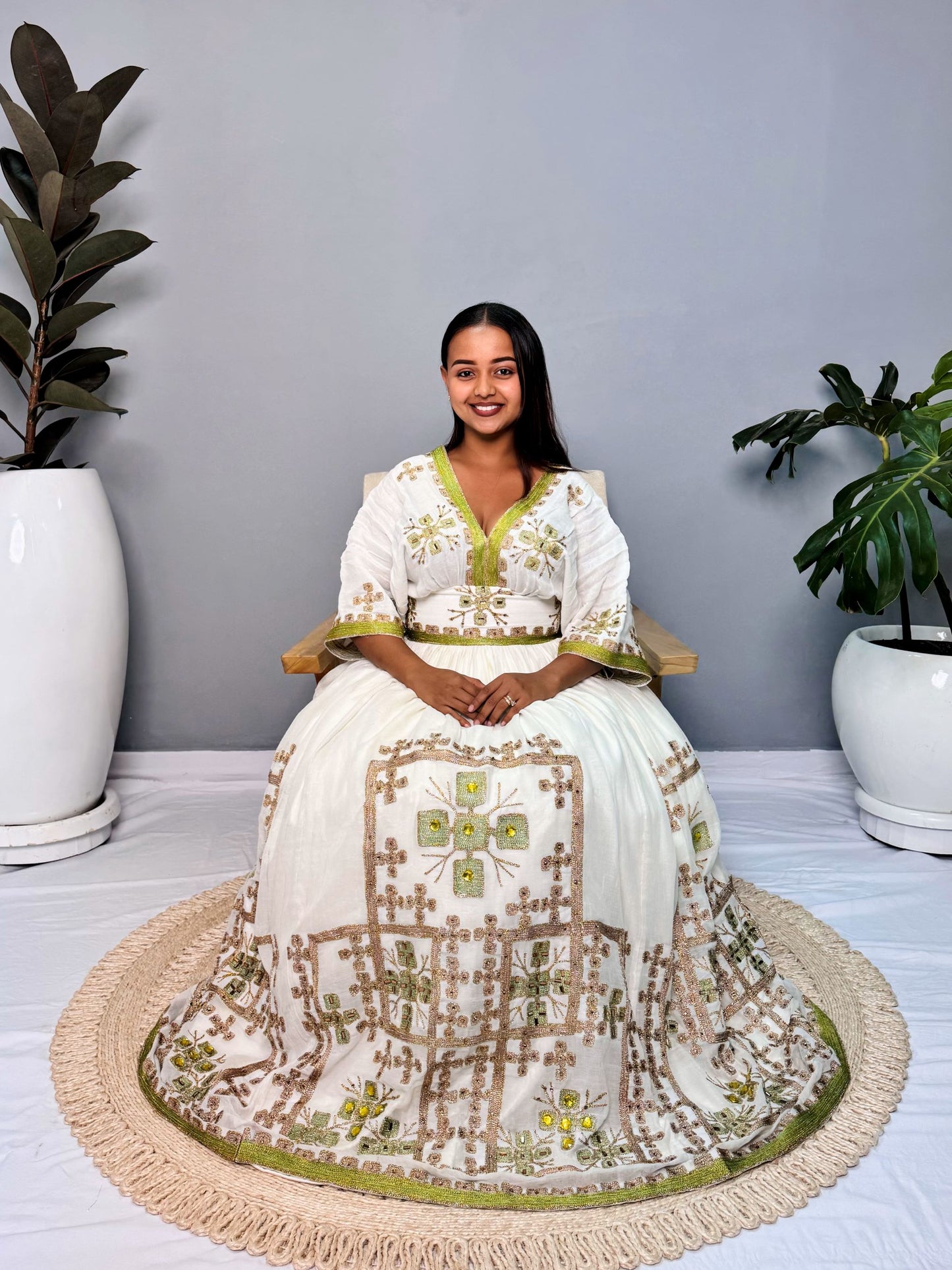 Ethiopian Dress | Lemon Green with Gold Sparkles | Weddings & Special Occasions | Handwoven Ethiopian Craftsmanship | Habesha Dress Hab124