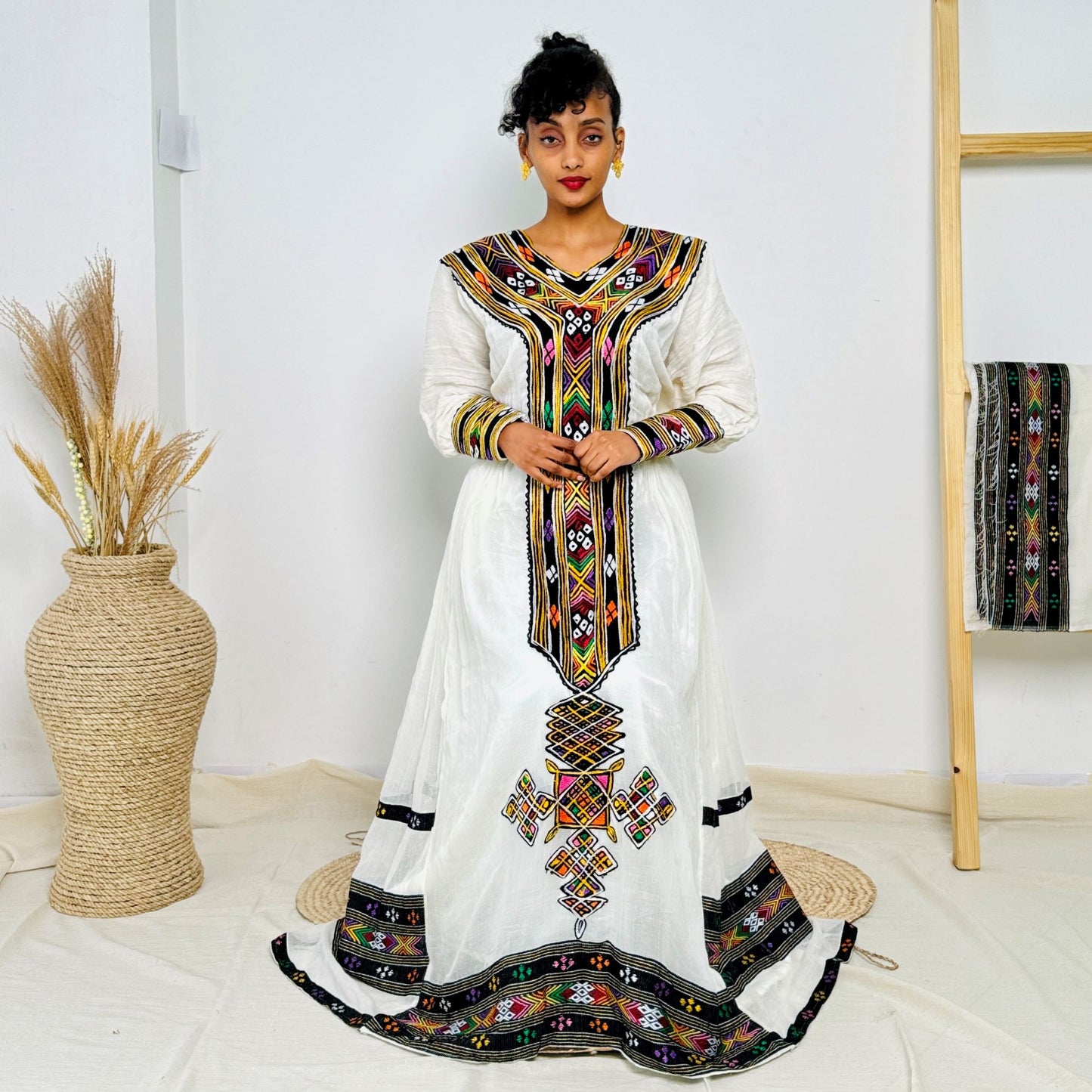 Elegant Traditional Ethiopian Dress with Colorful Handwoven Tibeb | Habesha Kemis for Women | Cultural Occasion Wear Hab223
