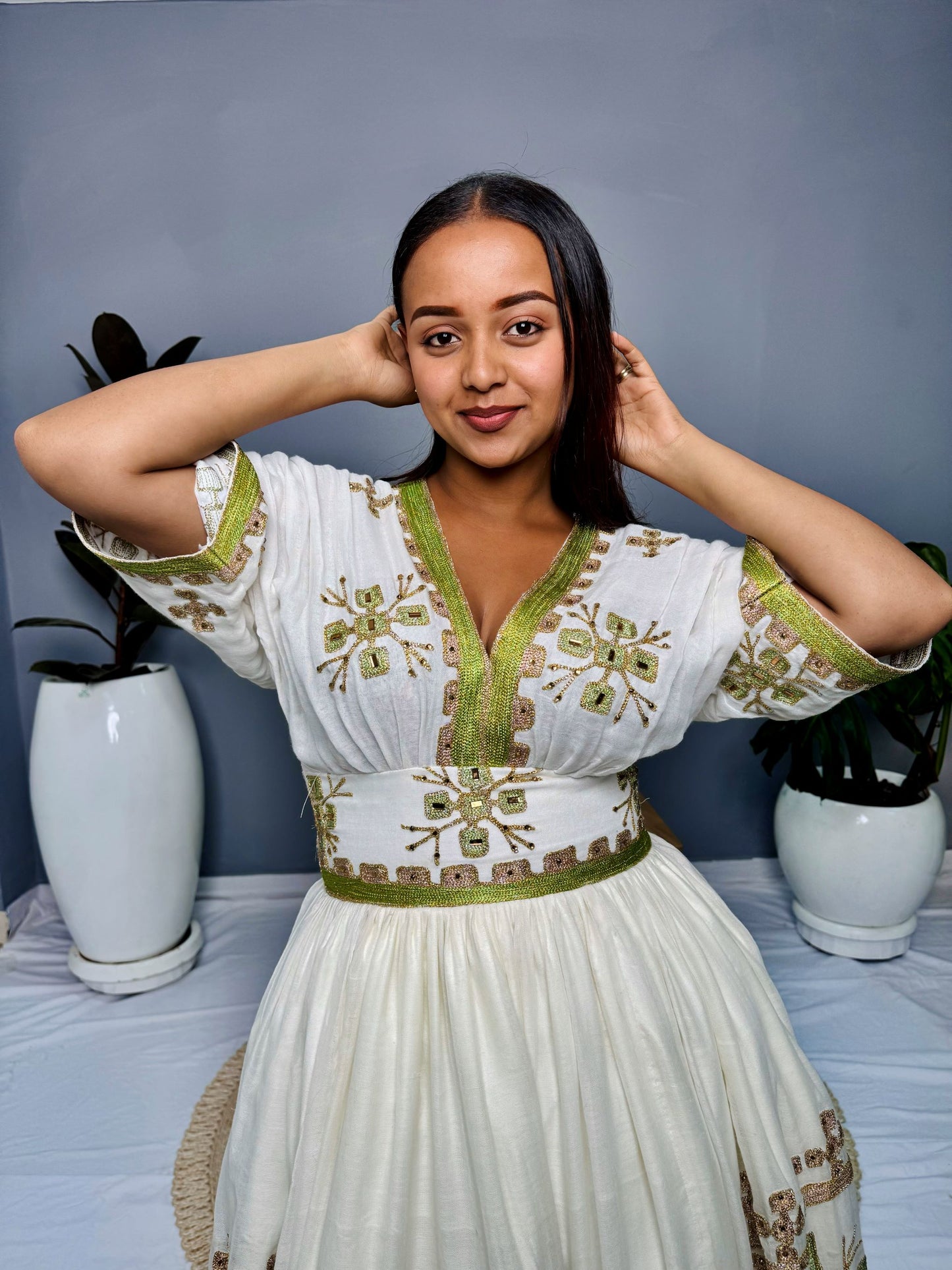 Ethiopian Dress | Lemon Green with Gold Sparkles | Weddings & Special Occasions | Handwoven Ethiopian Craftsmanship | Habesha Dress Hab124