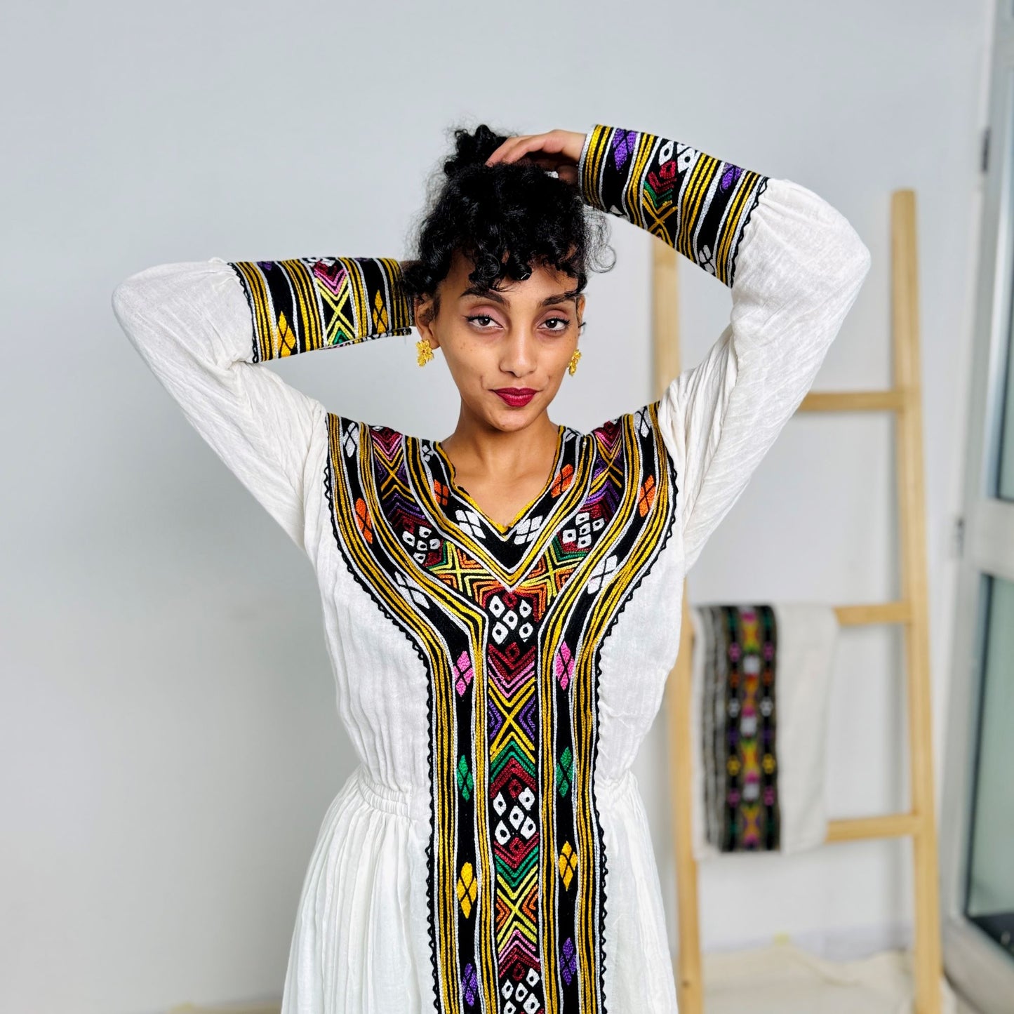 Elegant Traditional Ethiopian Dress with Colorful Handwoven Tibeb | Habesha Kemis for Women | Cultural Occasion Wear Hab223