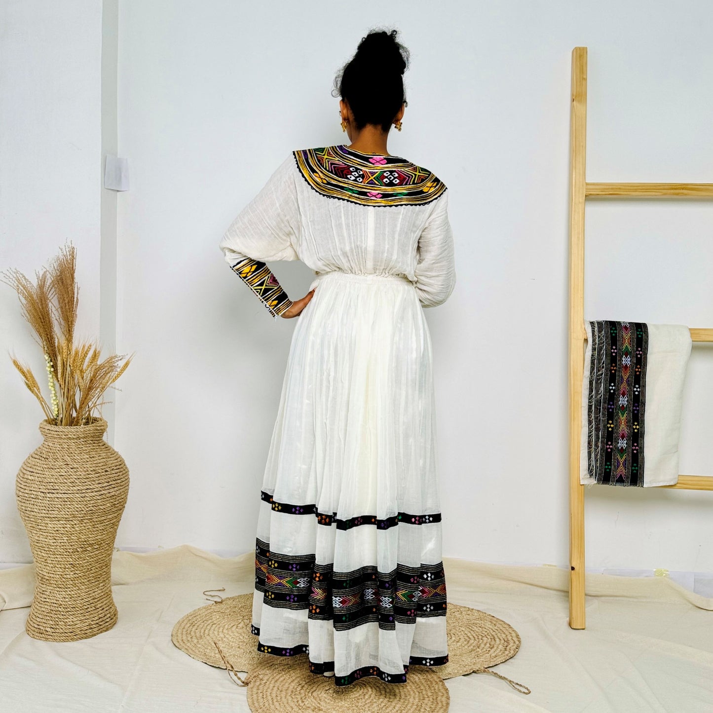 Elegant Traditional Ethiopian Dress with Colorful Handwoven Tibeb | Habesha Kemis for Women | Cultural Occasion Wear Hab223