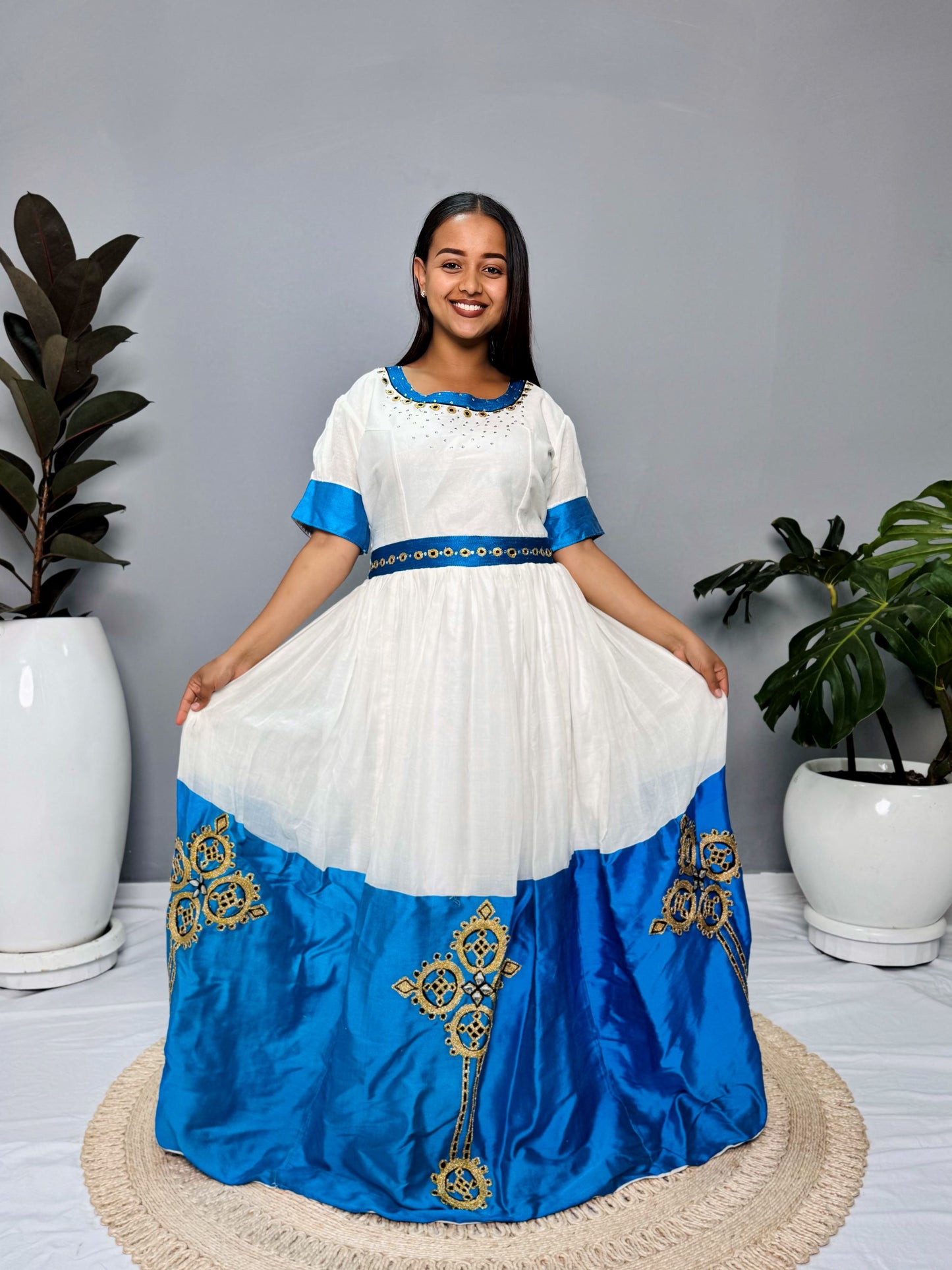 White & Royal Blue Traditional Dress | Handcrafted Ethiopian Occasion Dress | Cultural Elegance | Habesha Dress Hab141