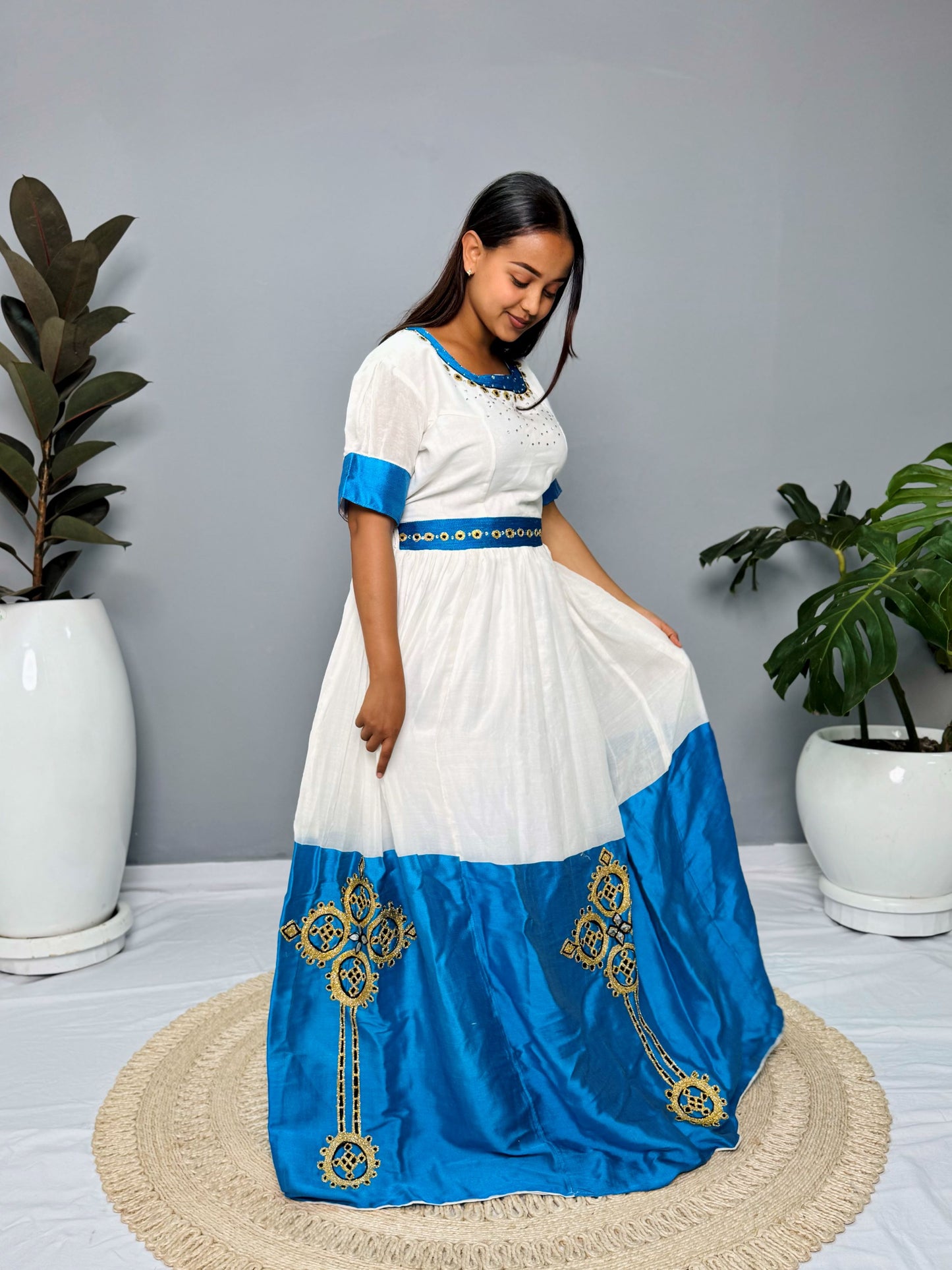 White & Royal Blue Traditional Dress | Handcrafted Ethiopian Occasion Dress | Cultural Elegance | Habesha Dress Hab141