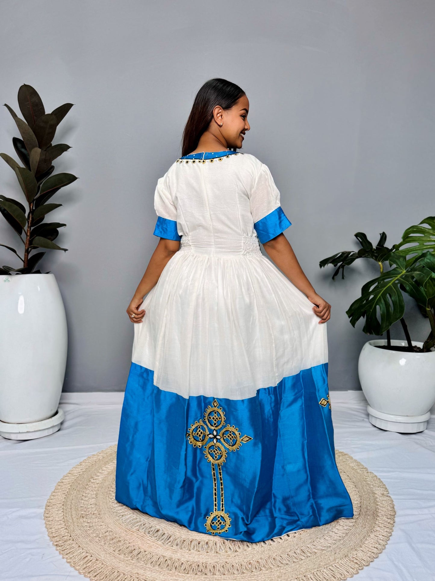 White & Royal Blue Traditional Dress | Handcrafted Ethiopian Occasion Dress | Cultural Elegance | Habesha Dress Hab141