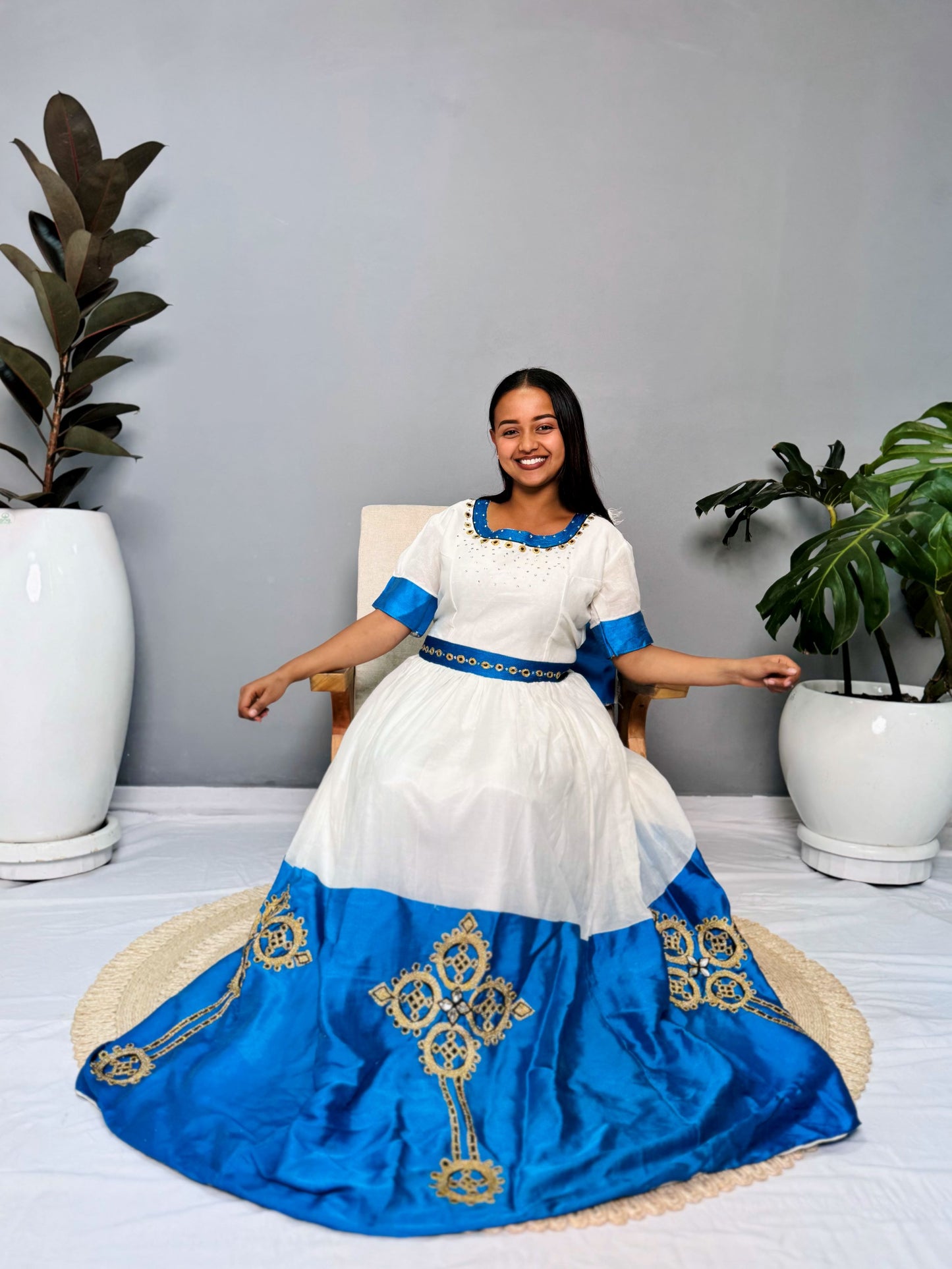 White & Royal Blue Traditional Dress | Handcrafted Ethiopian Occasion Dress | Cultural Elegance | Habesha Dress Hab141
