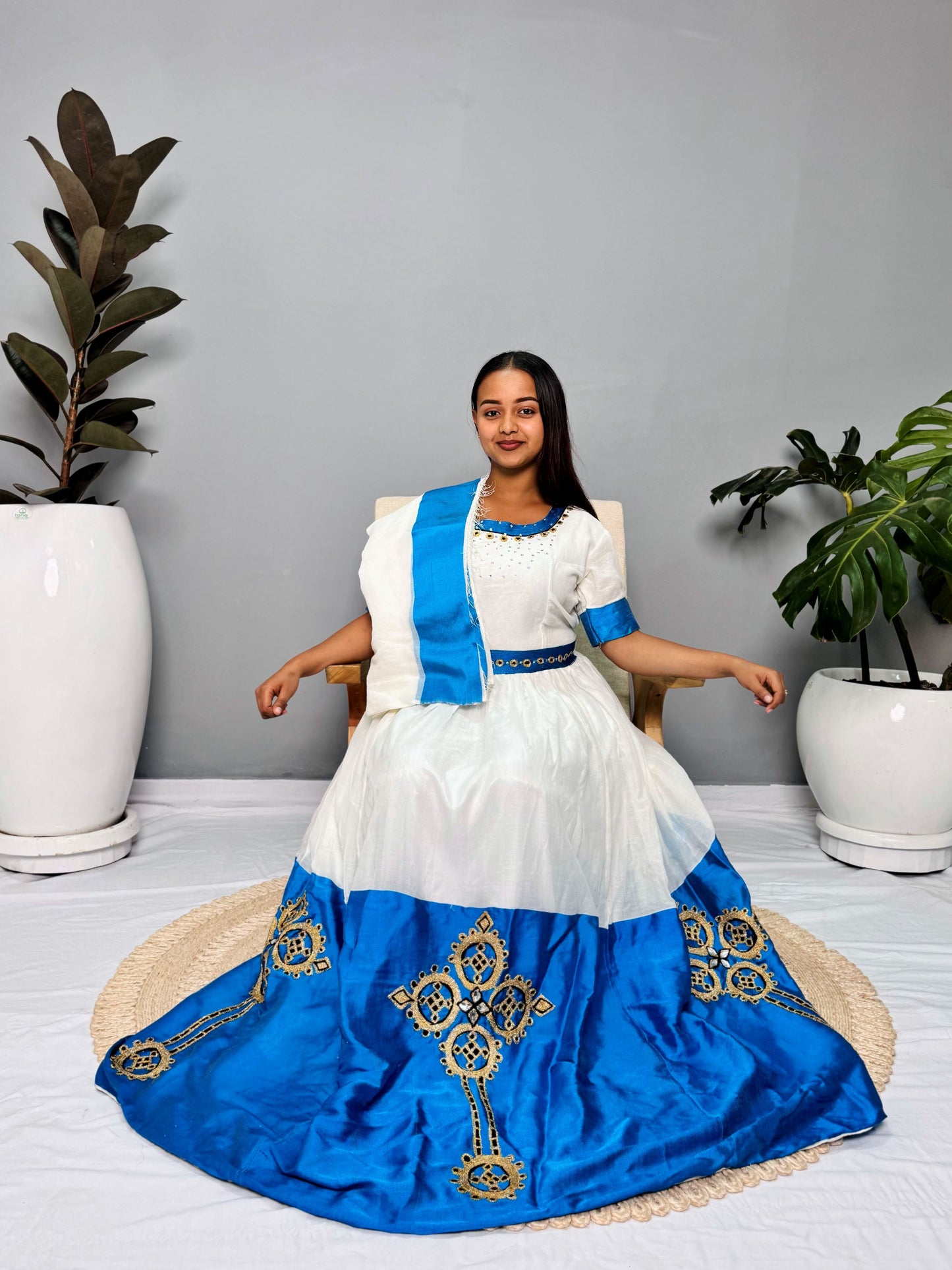 White & Royal Blue Traditional Dress | Handcrafted Ethiopian Occasion Dress | Cultural Elegance | Habesha Dress Hab141