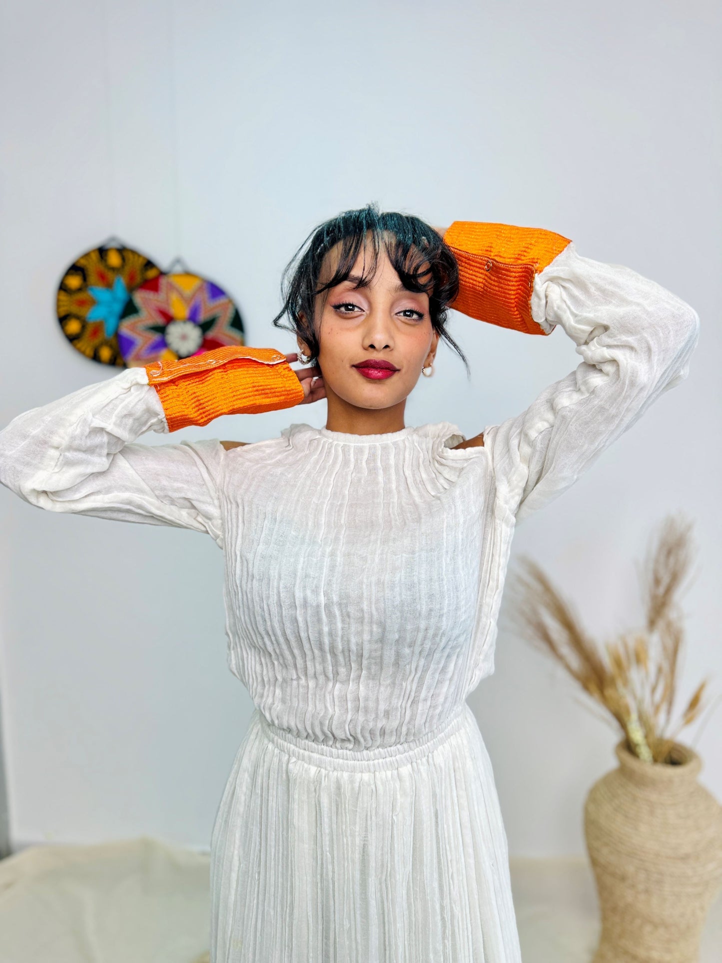 Ethiopian Handwoven Dress | White & Orange Modern Habesha Kemis | Cold-Shoulder Elegance Hab149