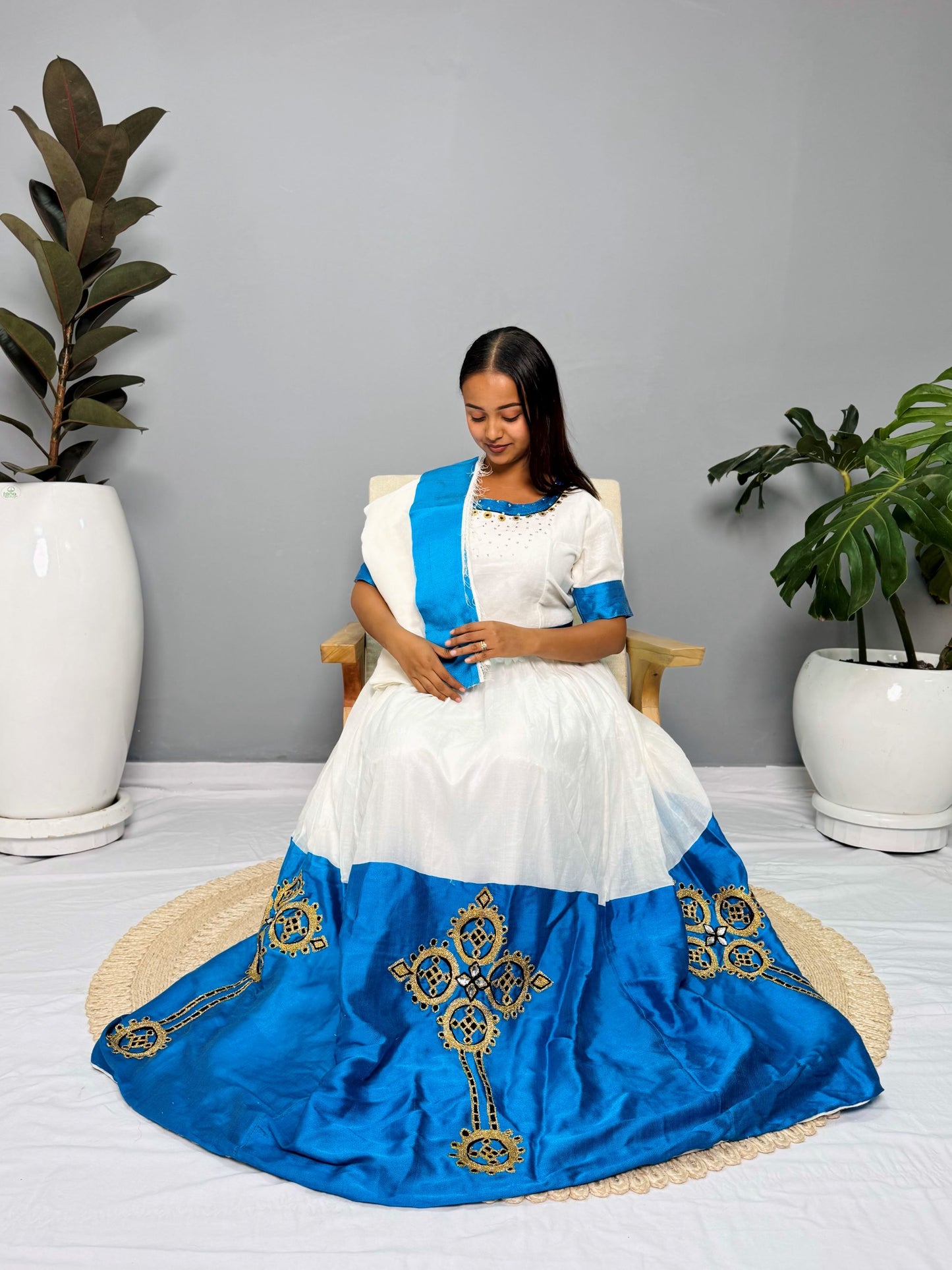 White & Royal Blue Traditional Dress | Handcrafted Ethiopian Occasion Dress | Cultural Elegance | Habesha Dress Hab141