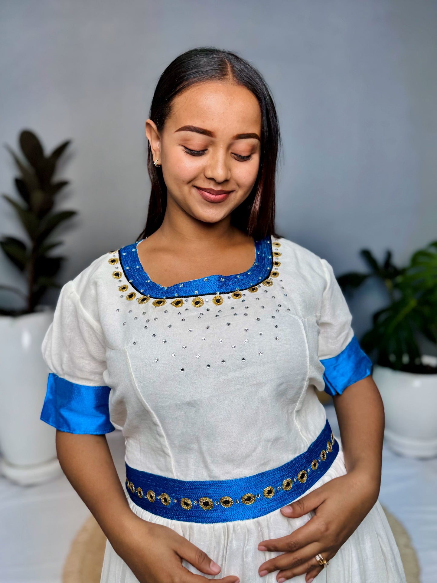 White & Royal Blue Traditional Dress | Handcrafted Ethiopian Occasion Dress