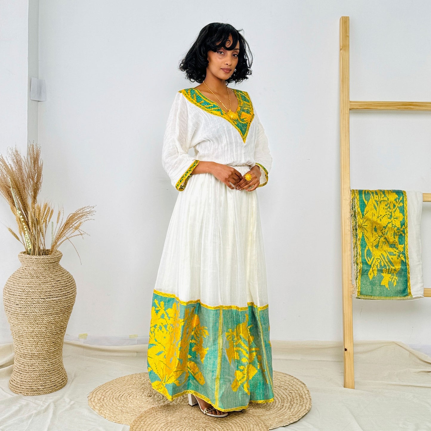Yellow and Green Habesha Kemis Stylish Ethiopian Dress Hab35