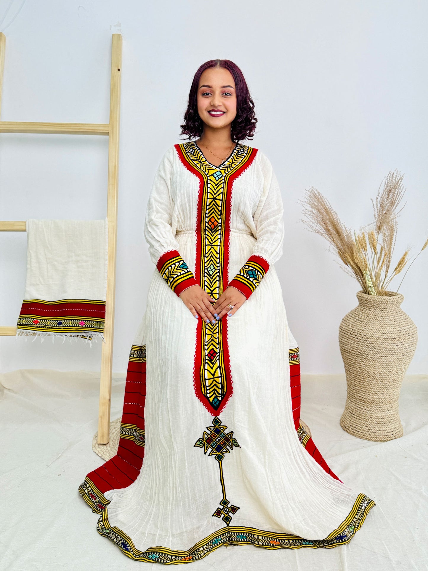 Vibrant Red Cultural Dress Traditional Habesha Dress Hab36