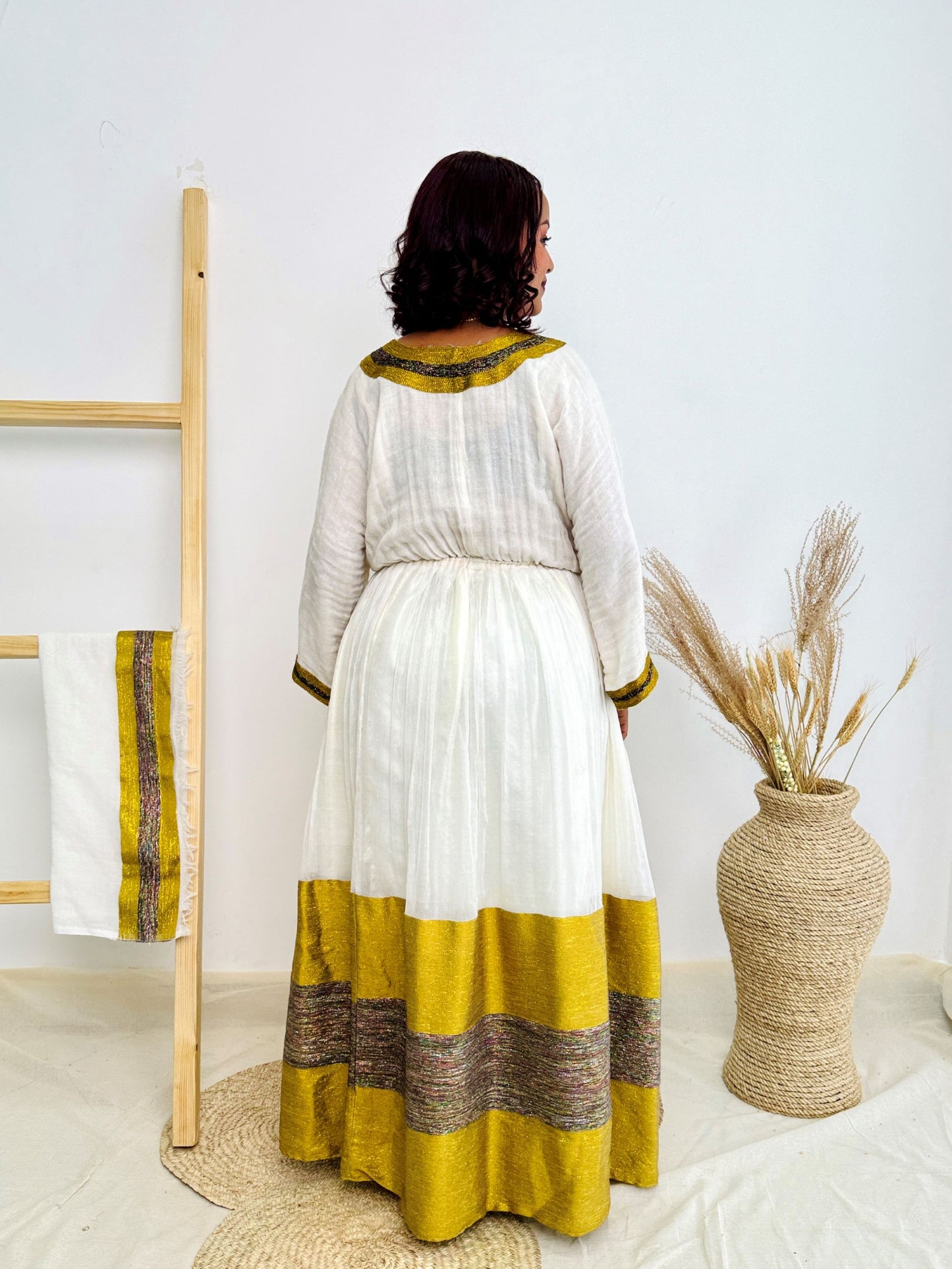 Simple Gold Accent V-Neck Habesha Dress | Minimalist Ethiopian Kemis Hab227