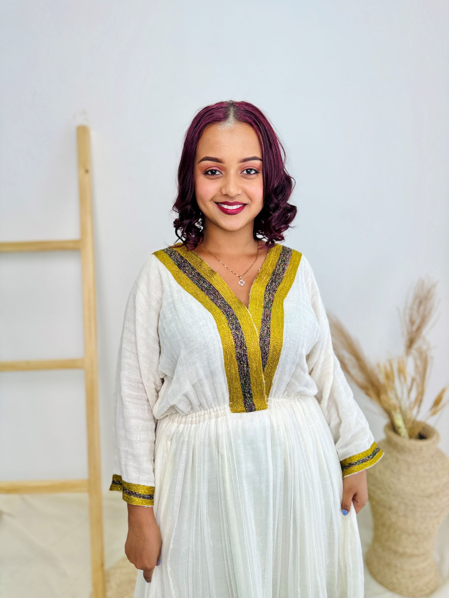 Simple Gold Accent V-Neck Habesha Dress | Minimalist Ethiopian Kemis Hab227