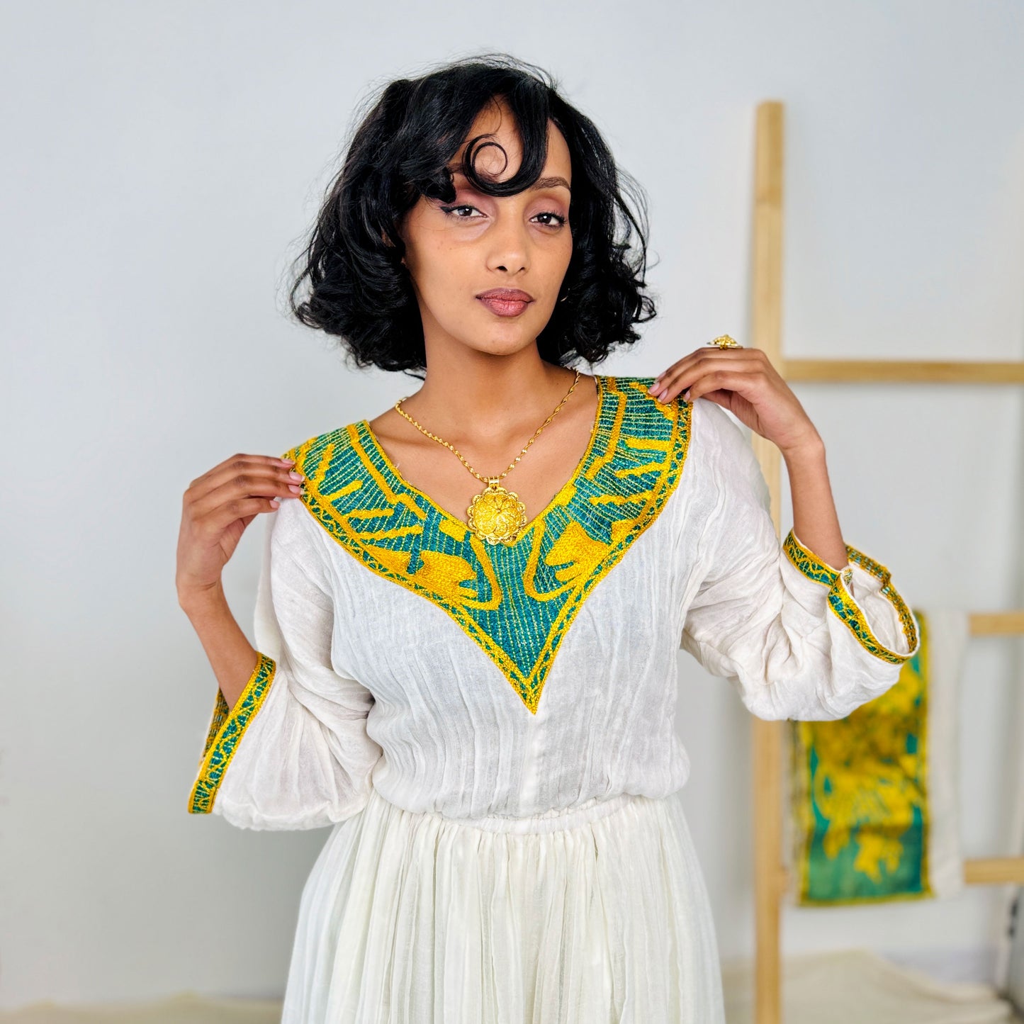Yellow and Green Habesha Kemis Stylish Ethiopian Dress Hab35
