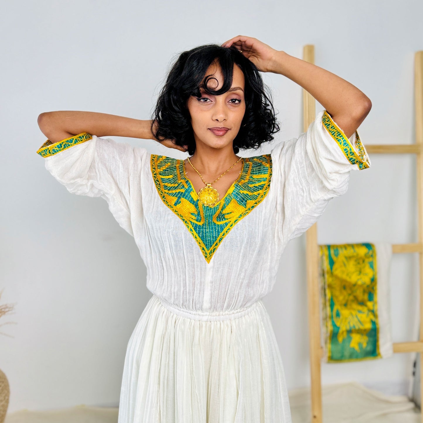 Yellow and Green Habesha Kemis Stylish Ethiopian Dress Hab35