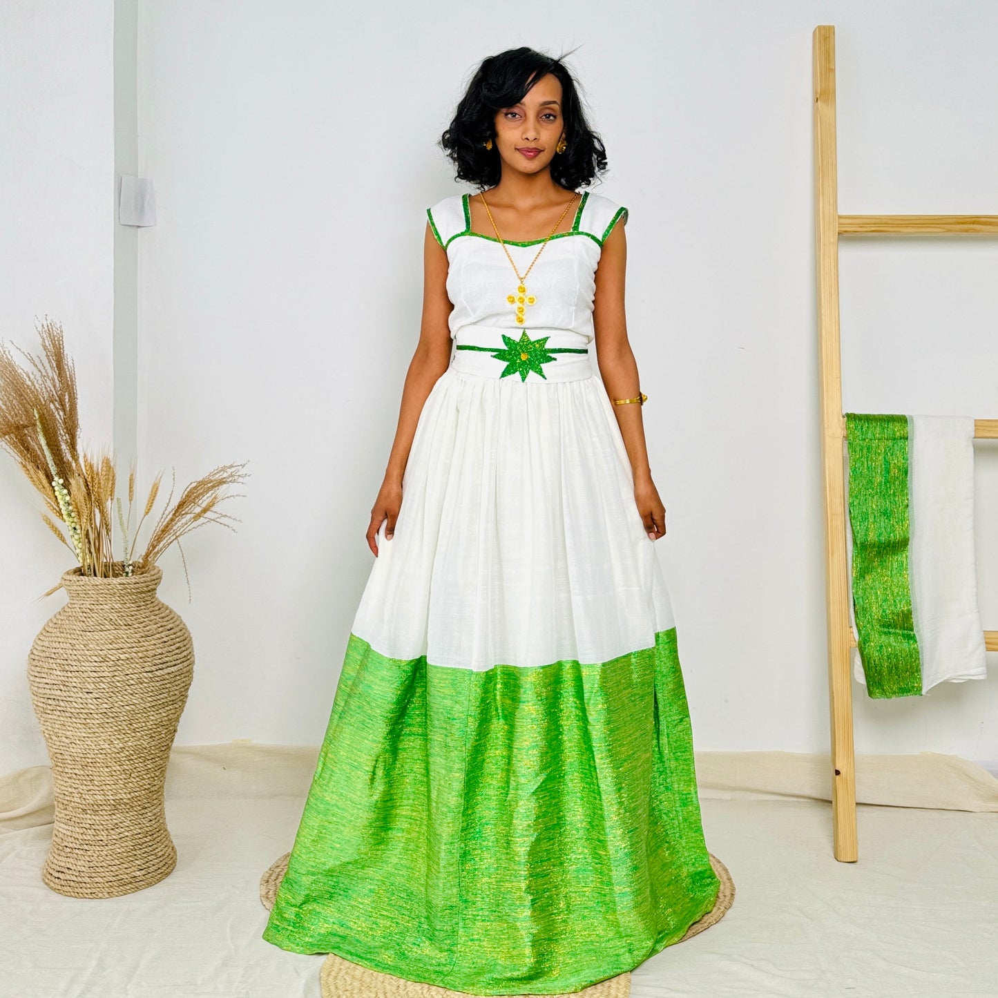 Ethiopian Dress | Vibrant Green Embroidery | Traditional Ethiopian Dress | Handwoven Cotton Hab64