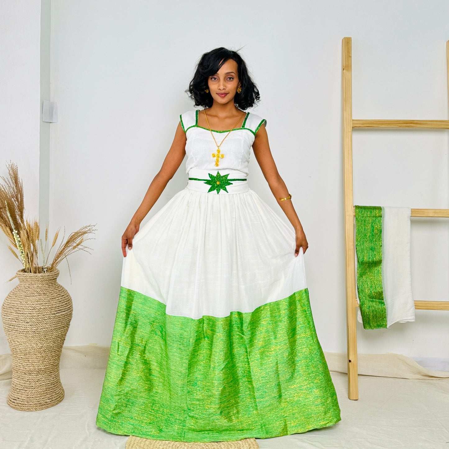 Ethiopian Dress | Vibrant Green Embroidery | Traditional Ethiopian Dress | Handwoven Cotton Hab64