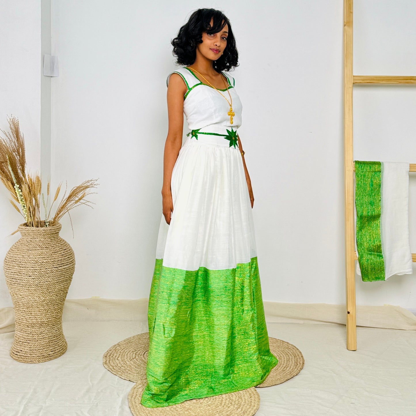 Ethiopian Dress | Vibrant Green Embroidery | Traditional Ethiopian Dress | Handwoven Cotton Hab64