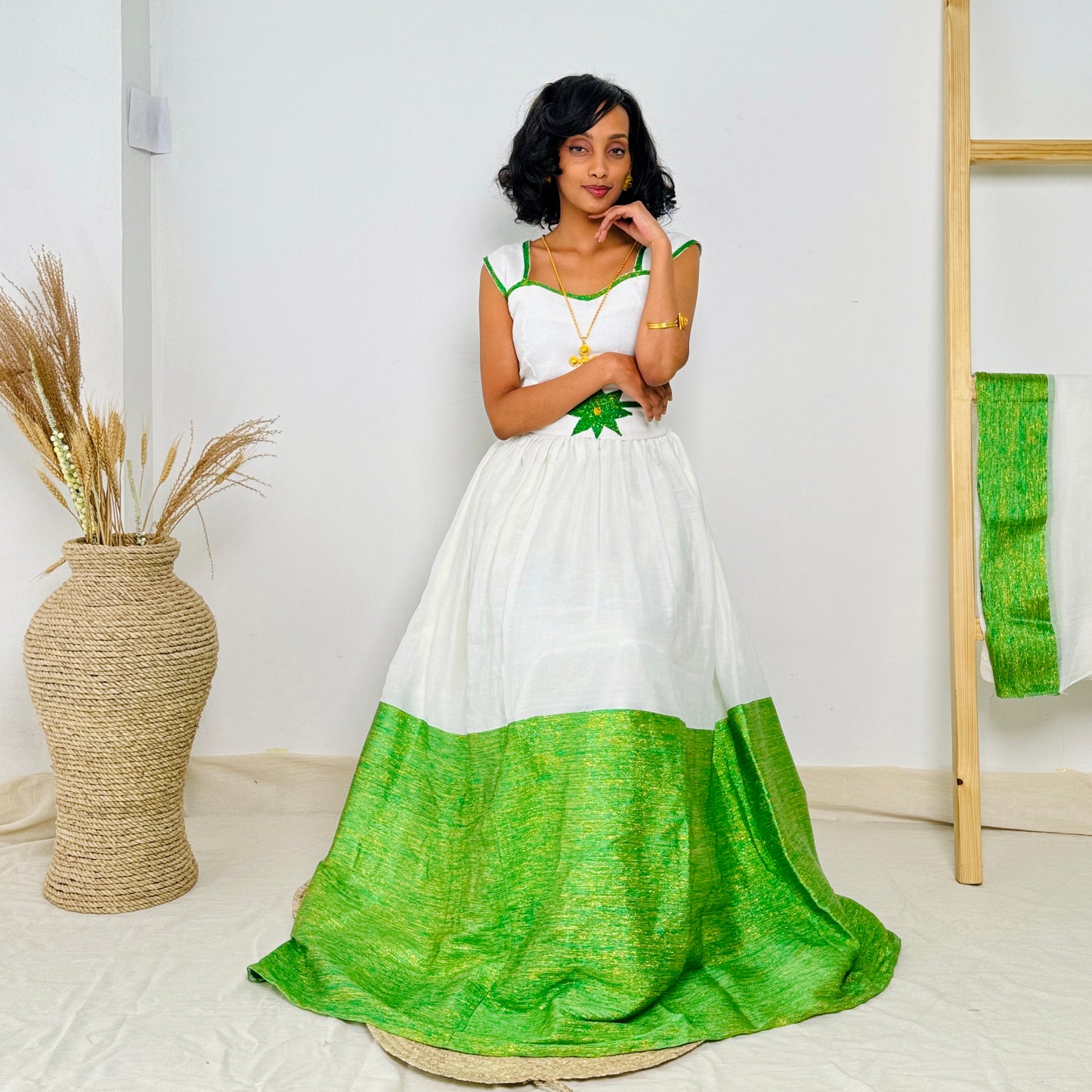 Ethiopian Dress | Vibrant Green Embroidery | Traditional Ethiopian Dress | Handwoven Cotton Hab64