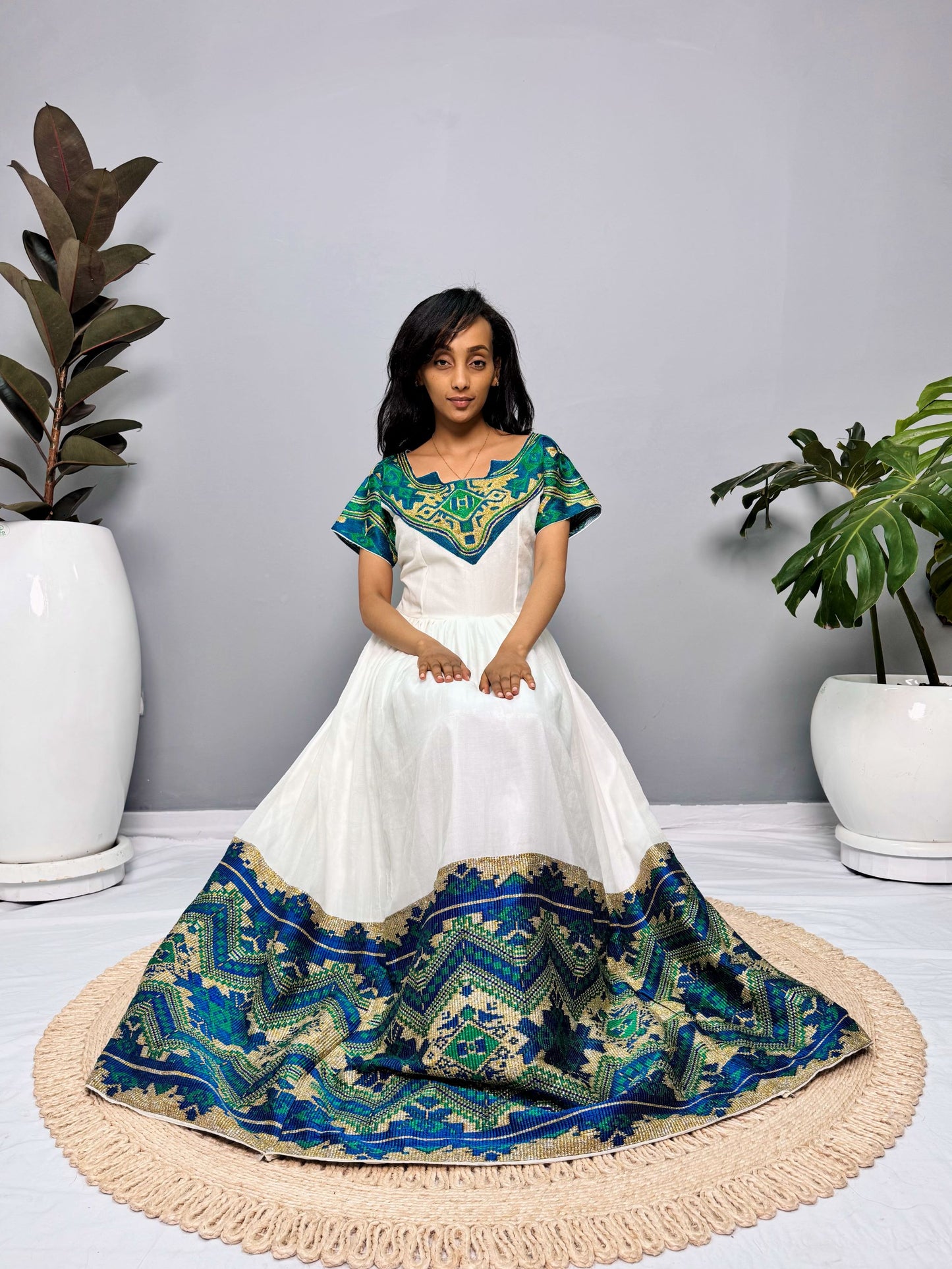Ethiopian Dress | Elegant Half-Sleeve Design | Cultural Celebrations & Special Occasions | Green with Intricate Embroidery | Habesha Dress Hab122