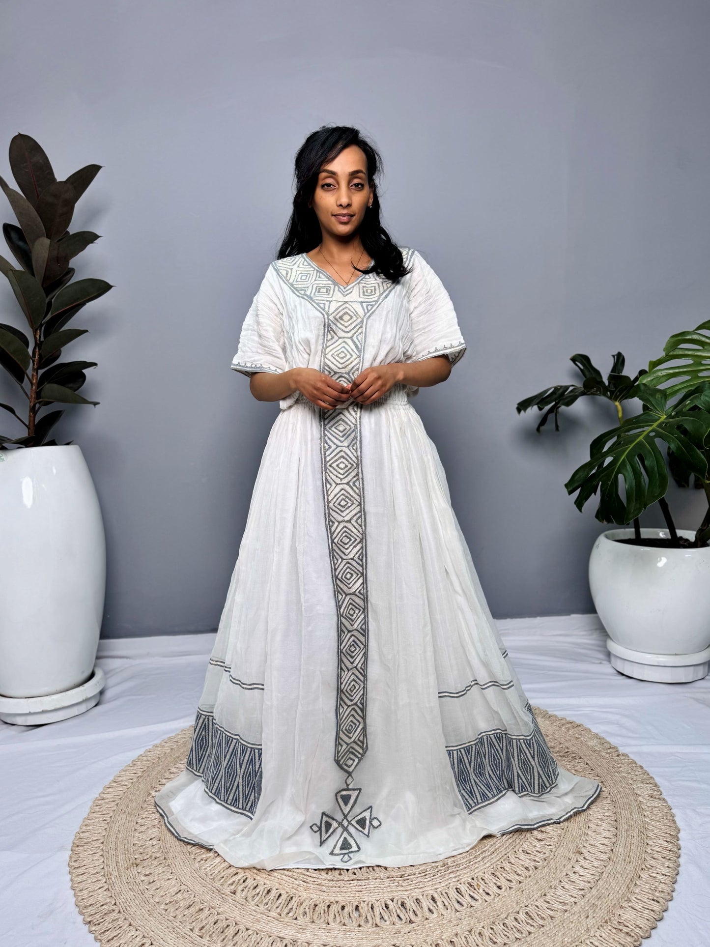 Habesha Dress | Half-Sleeve Design | Cultural Celebrations & Special Occasions | Timeless Gray Detailing | Ethiopian Dress Hab126