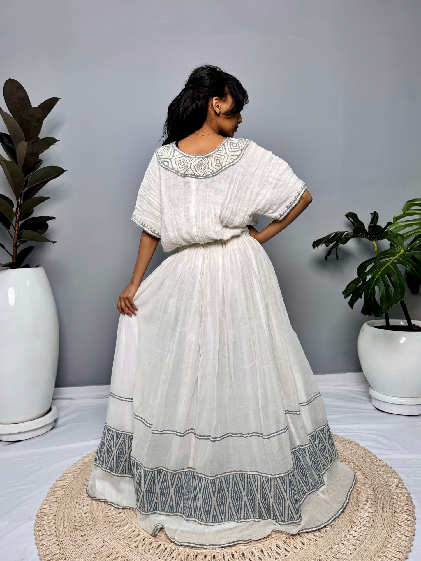 Habesha Dress | Half-Sleeve Design | Cultural Celebrations & Special Occasions | Timeless Gray Detailing | Ethiopian Dress Hab126
