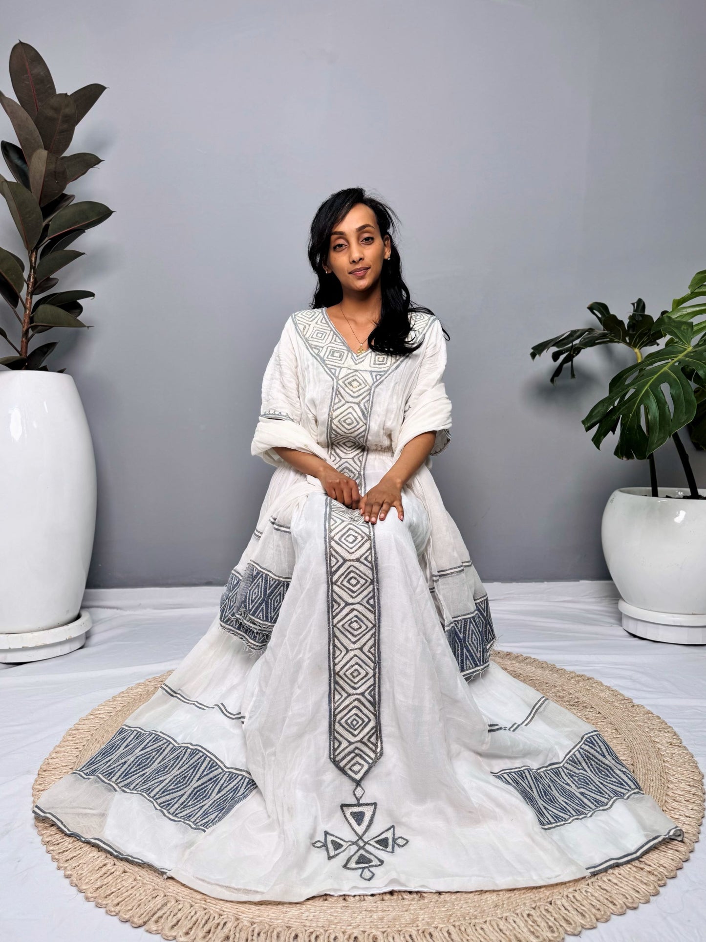 Habesha Dress | Half-Sleeve Design | Cultural Celebrations & Special Occasions | Timeless Gray Detailing | Ethiopian Dress Hab126