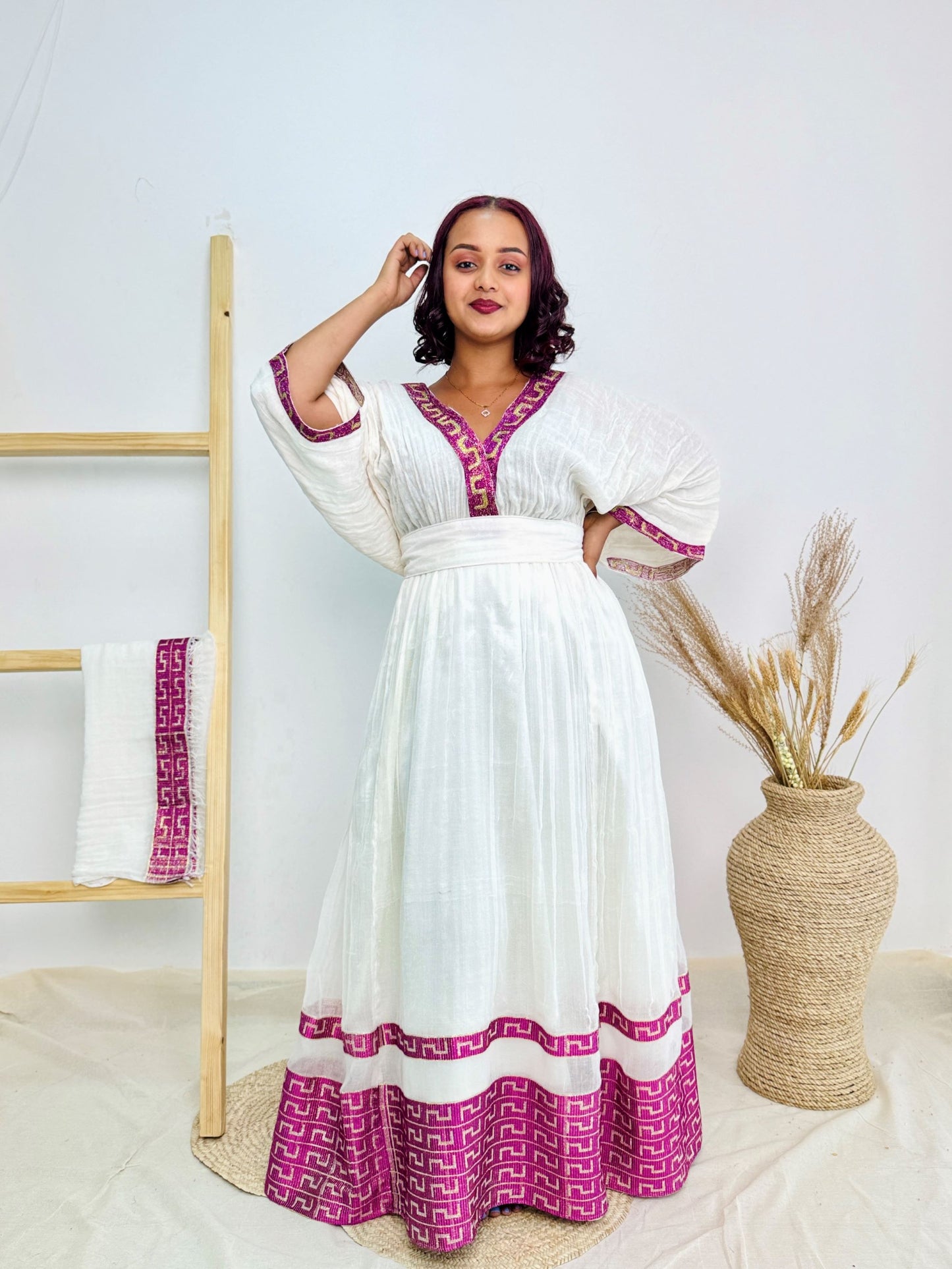 Elegant White Ethiopian Dress | White with Bright Pink Geometric Border | Handwoven Cotton | Empire Waist Cultural Clothing | Hab198