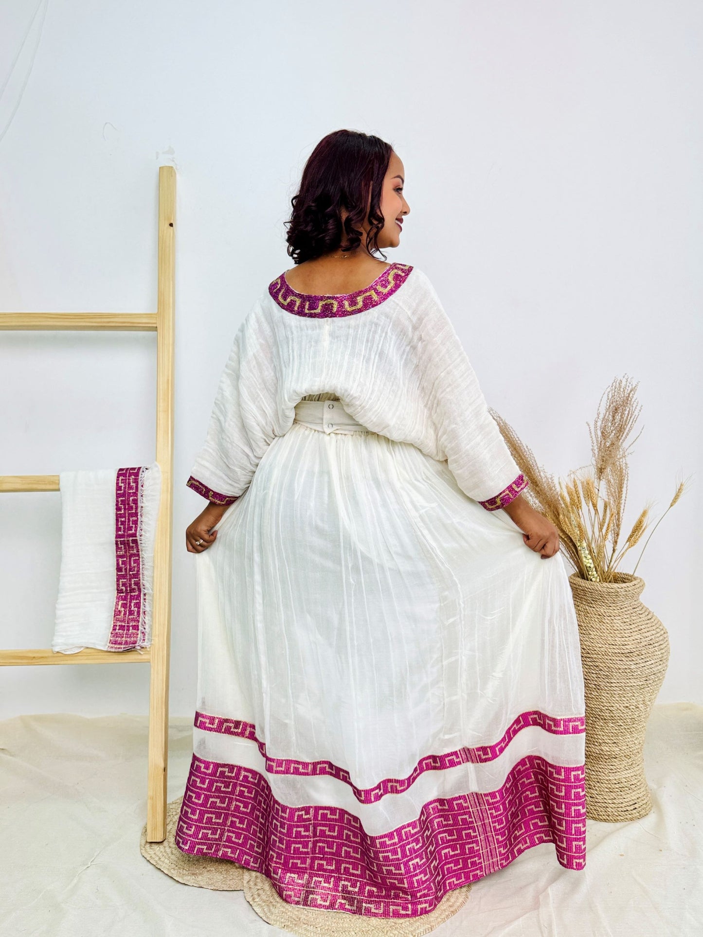 Elegant White Ethiopian Dress | White with Bright Pink Geometric Border | Handwoven Cotton | Empire Waist Cultural Clothing | Hab198