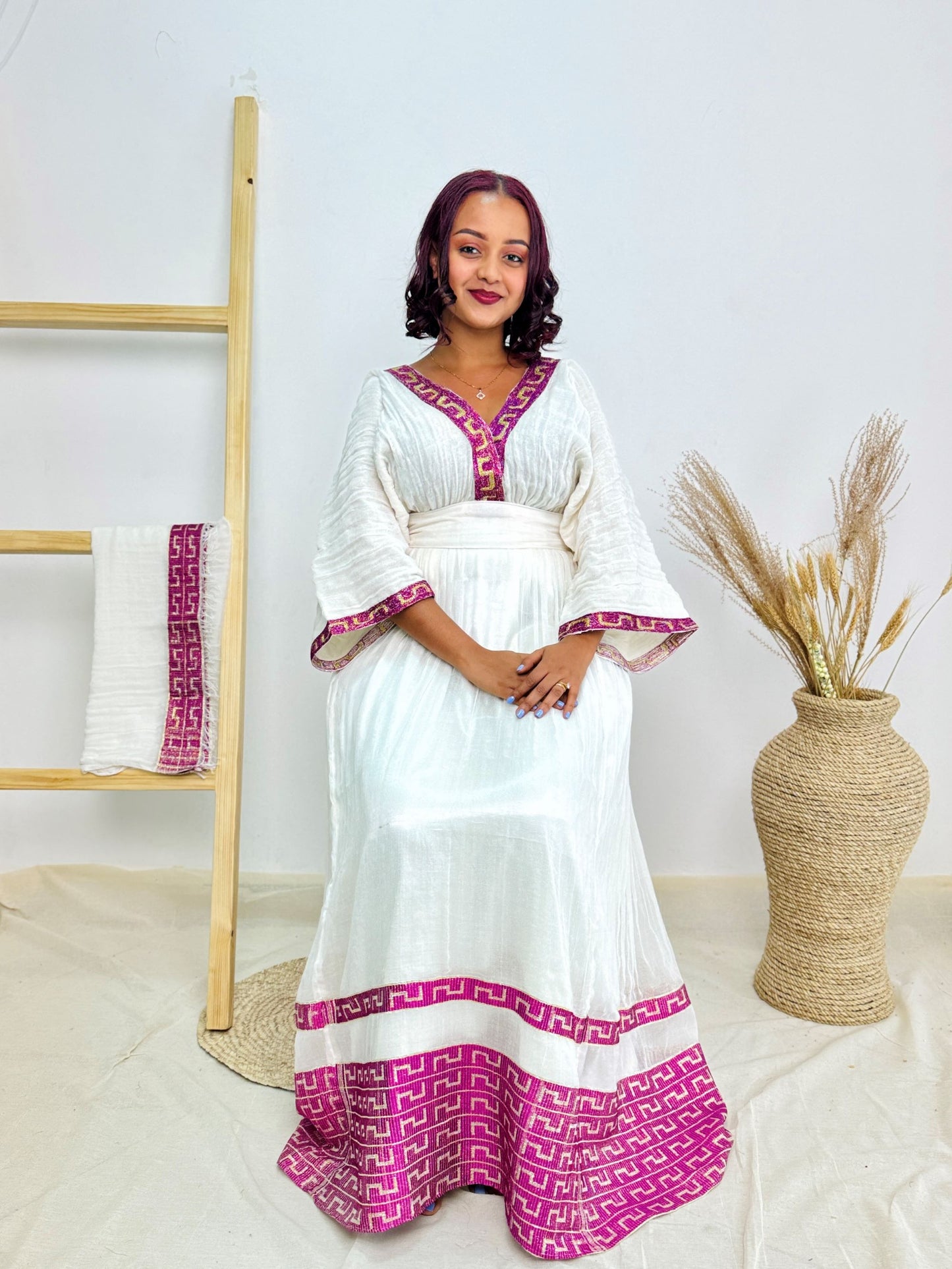 Elegant White Ethiopian Dress | White with Bright Pink Geometric Border | Handwoven Cotton | Empire Waist Cultural Clothing | Hab198