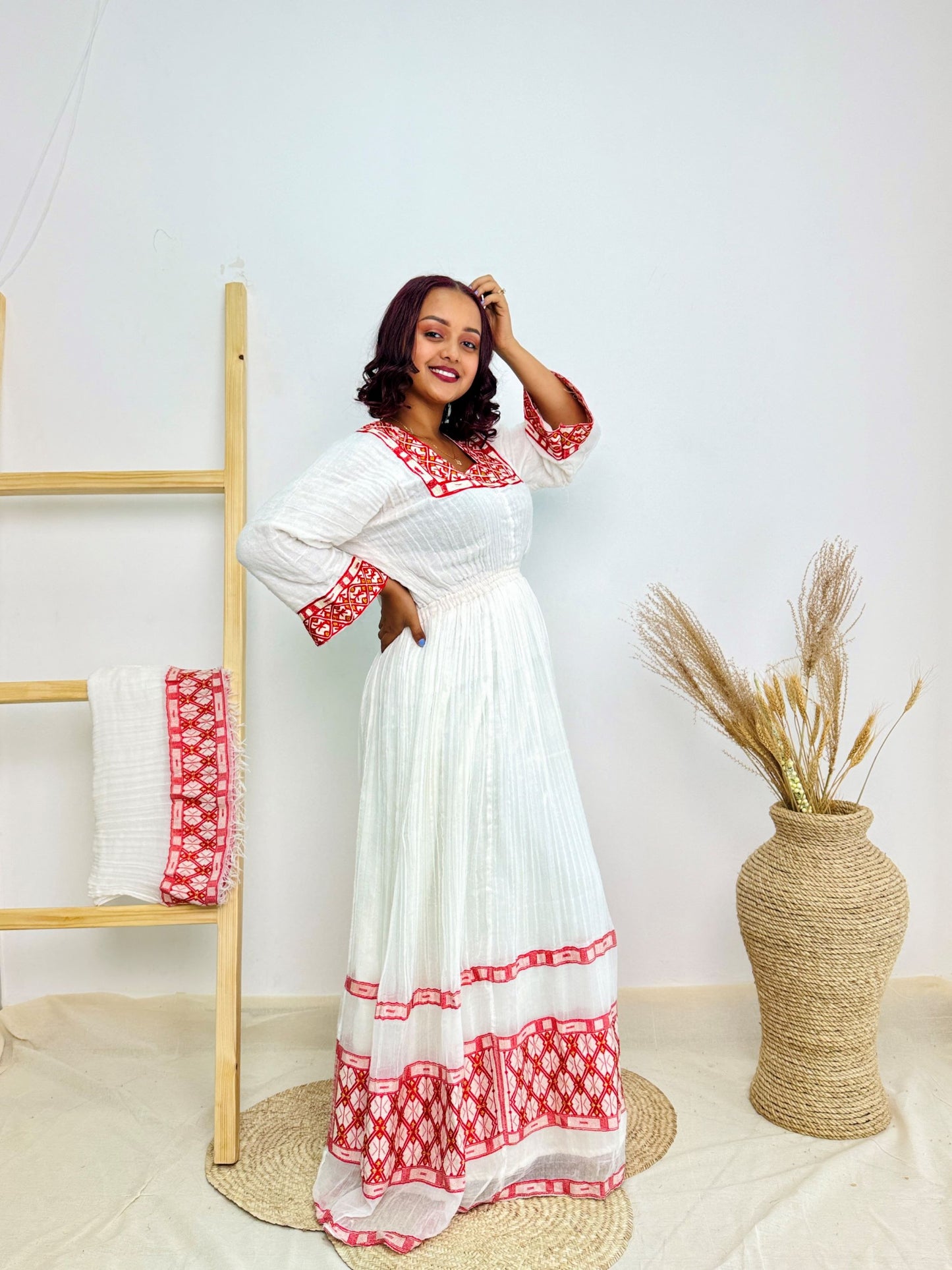 Traditional Ethiopian Habesha Dress | Handwoven Cotton | Red Embroidered Maternity Gown | Flowy Fit | Handmade Cultural Clothing | Hab196