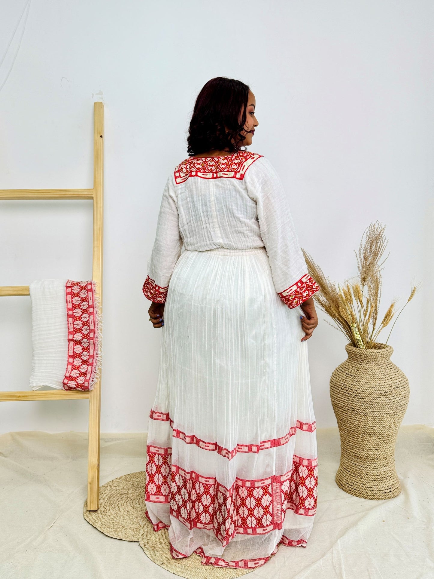Traditional Ethiopian Habesha Dress | Handwoven Cotton | Red Embroidered Maternity Gown | Flowy Fit | Handmade Cultural Clothing | Hab196