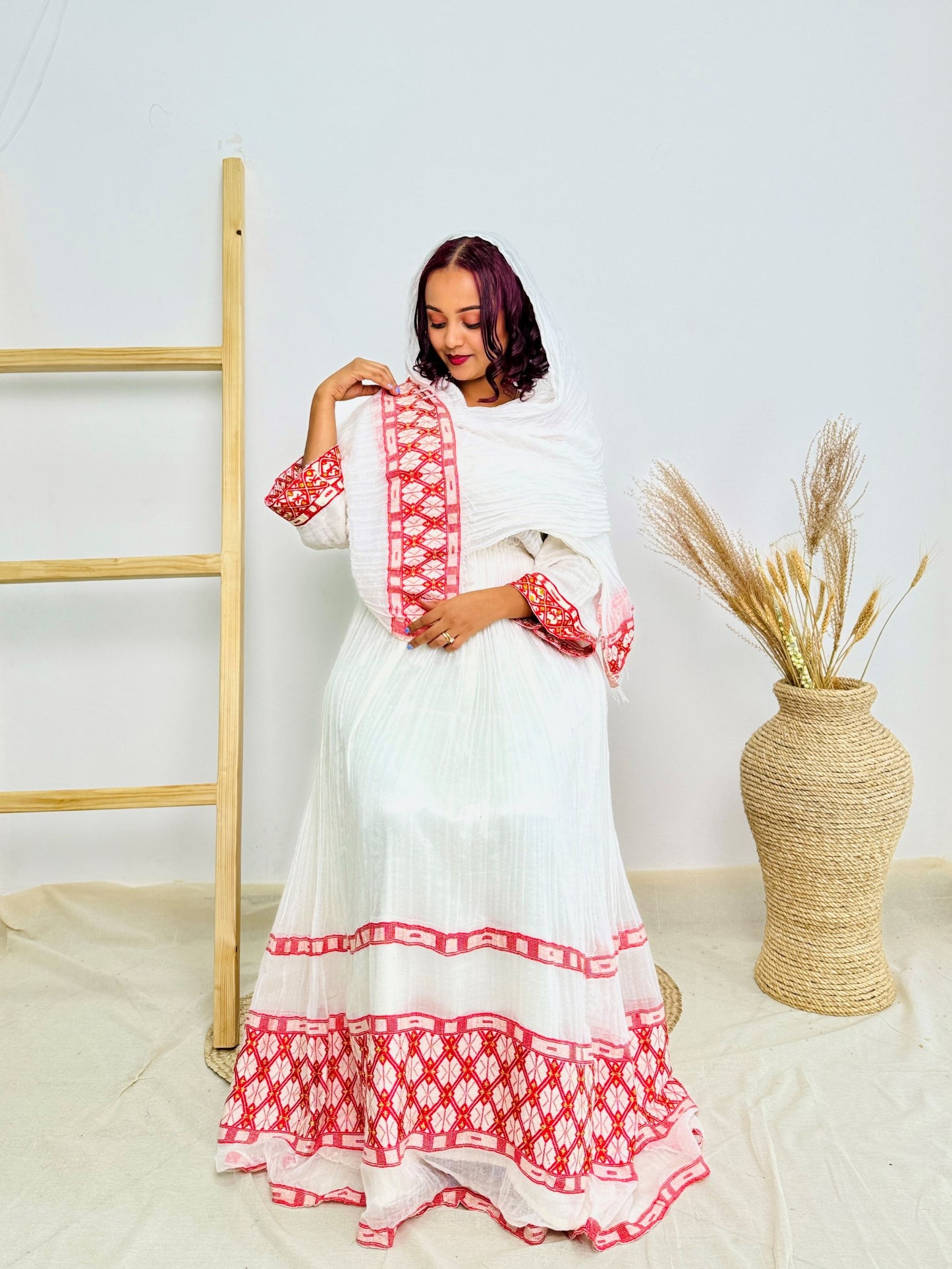 Traditional Ethiopian Habesha Dress | Handwoven Cotton | Red Embroidered Maternity Gown | Flowy Fit | Handmade Cultural Clothing | Hab196
