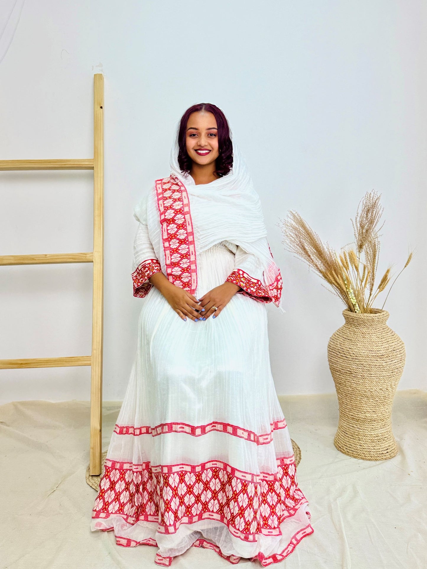Traditional Ethiopian Habesha Dress | Handwoven Cotton | Red Embroidered Maternity Gown | Flowy Fit | Handmade Cultural Clothing | Hab196